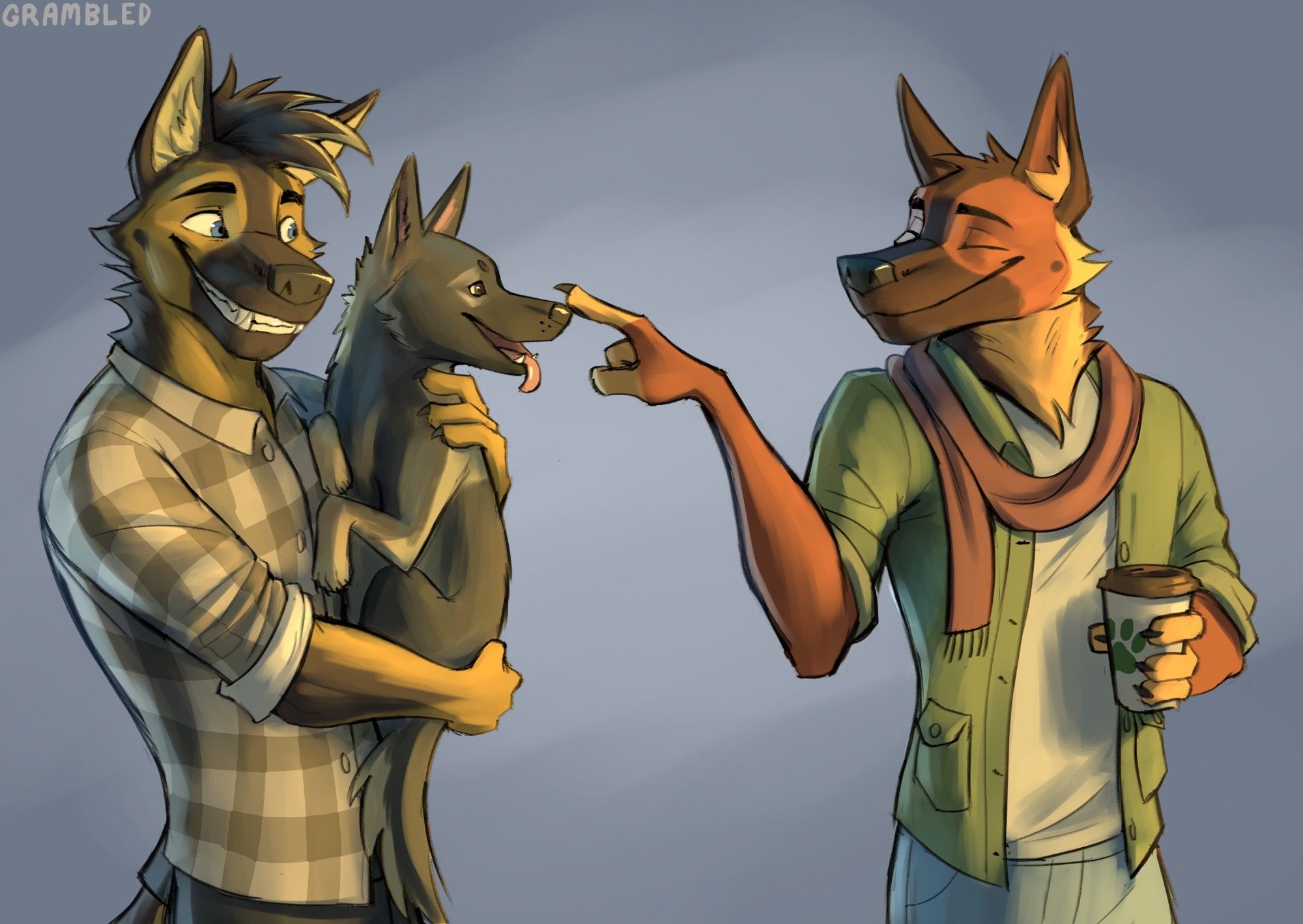 Saber holding a tiny shep while Brantley boops the Shep's nose