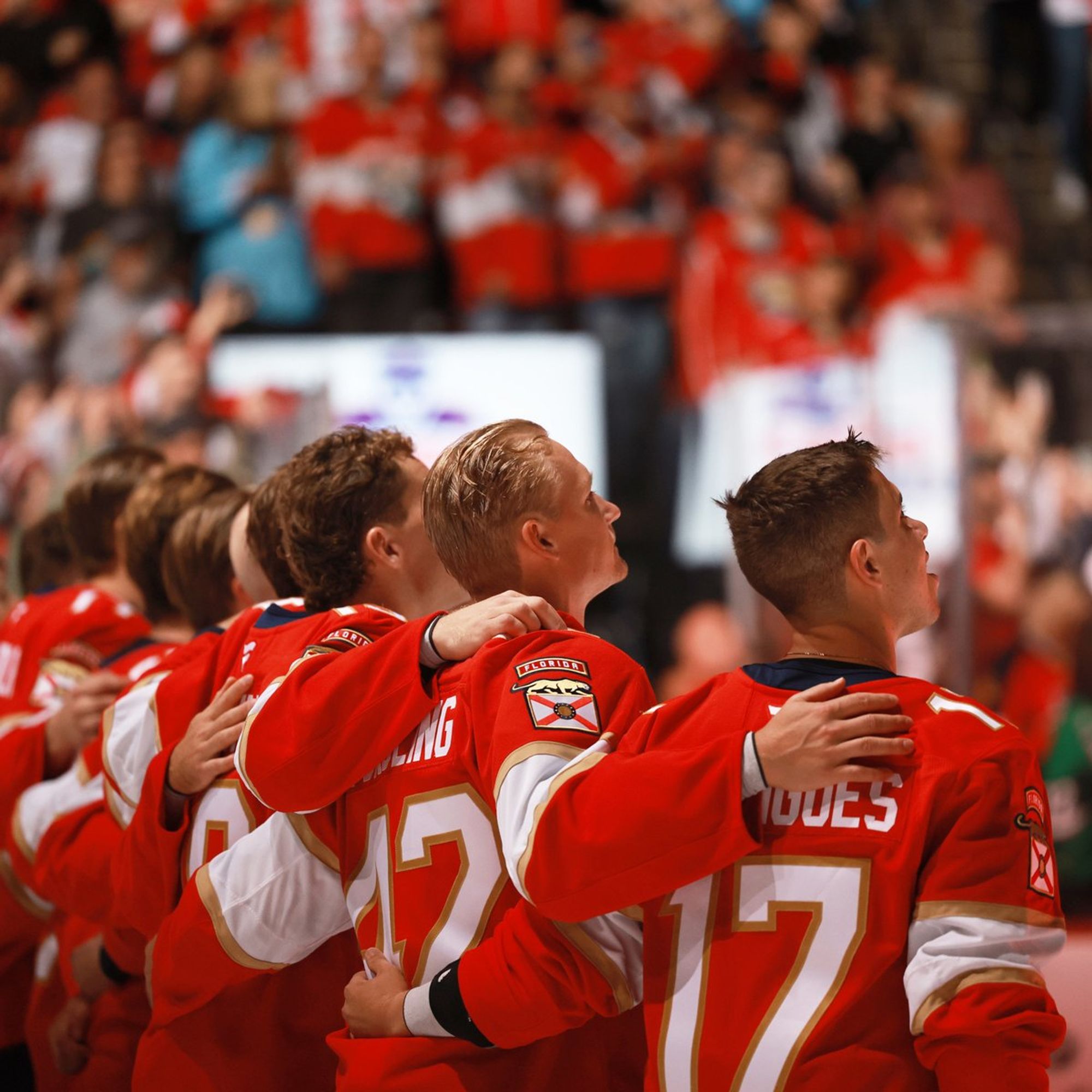 Photo of Florida Panthers players looking on as their Stanley Cup championship banner is raised.