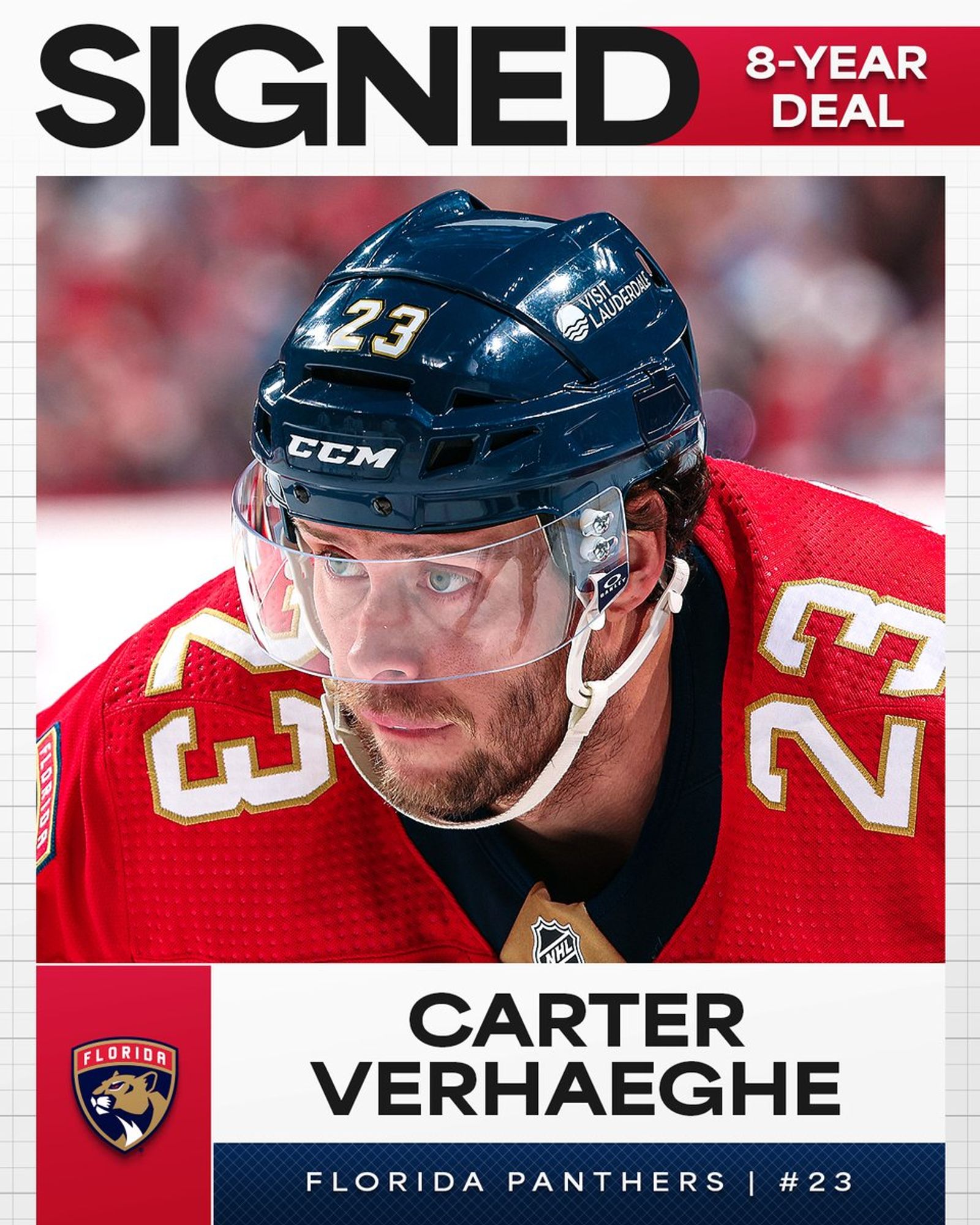 Top: In large black text, "Signed, 8-year deal". Below that is a photo of Carter Verhaeghe on ice in a Panthers uniform.   

Bottom: To the left is the Florida Panthers logo. Beside that in black text, "Carter Verhaeghe, Florida Panthers #23".