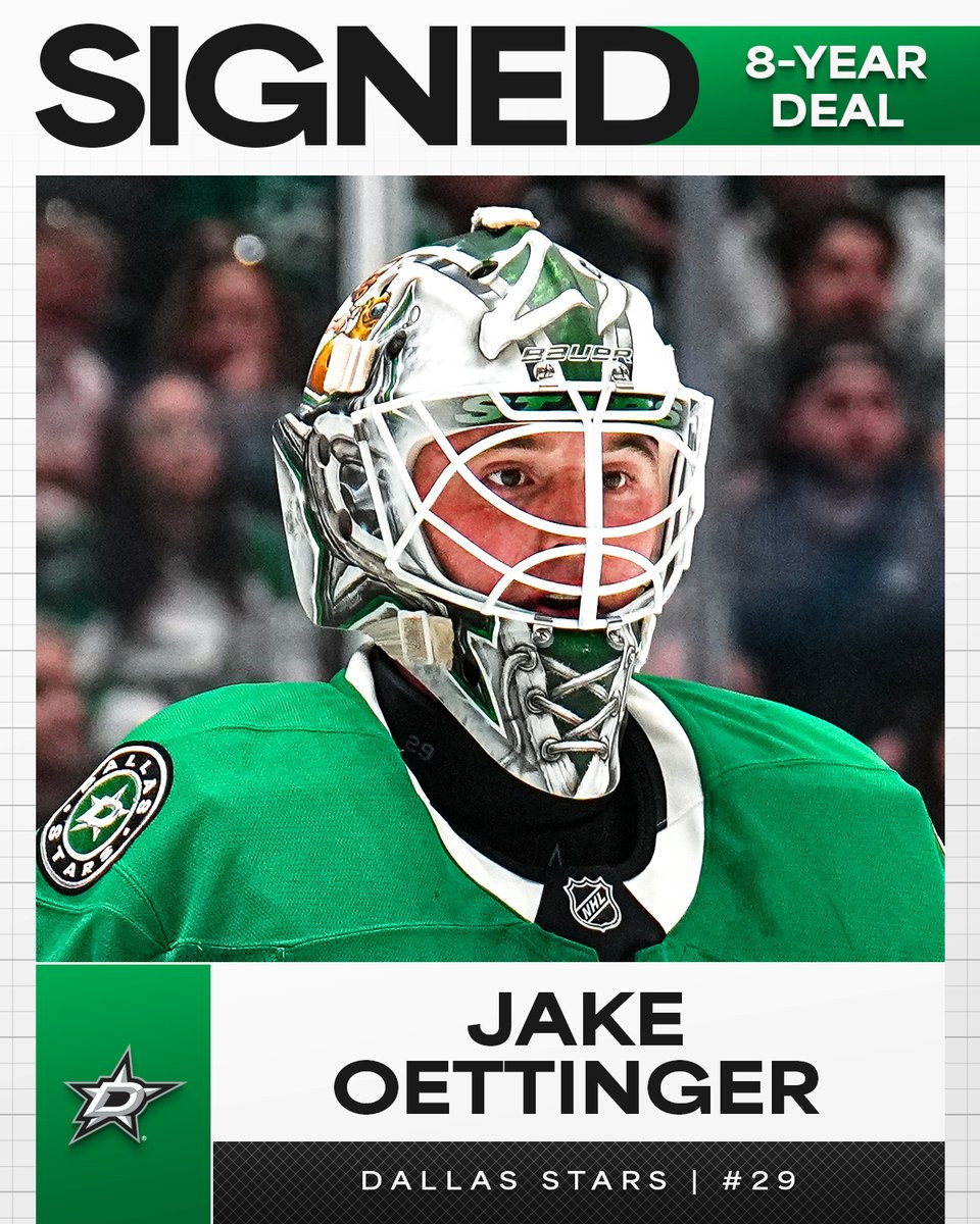 Top: Black and white text on white and green background reading, "Signed: 8-year deal". 

Middle: Photo of Jake Oettinger in Dallas Stars uniform. 

Bottom: Stars logo next to text reading, "Jake Oettinger, Dallas Stars, No. 29".