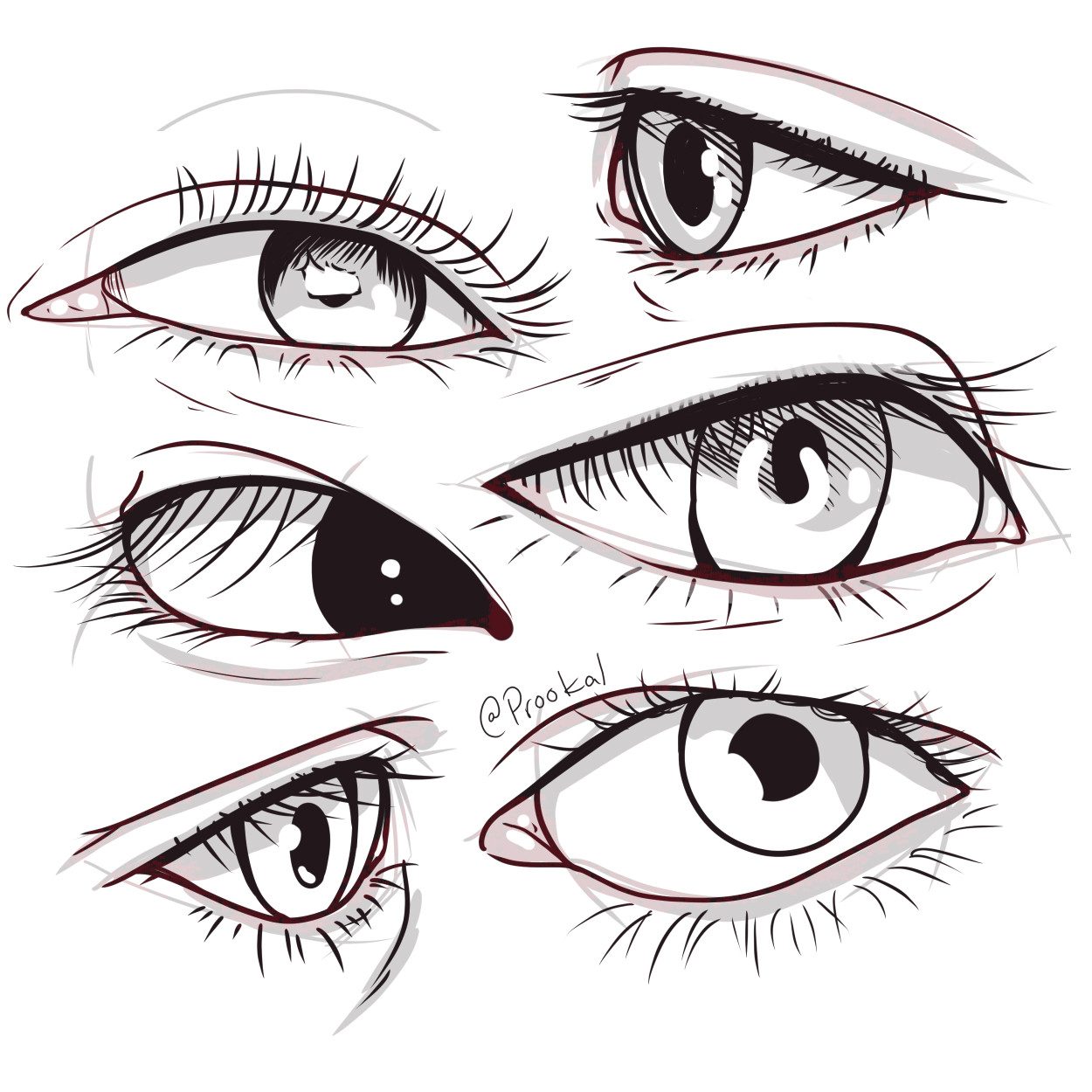 sketch page of six eyes looking in different directions from different angles