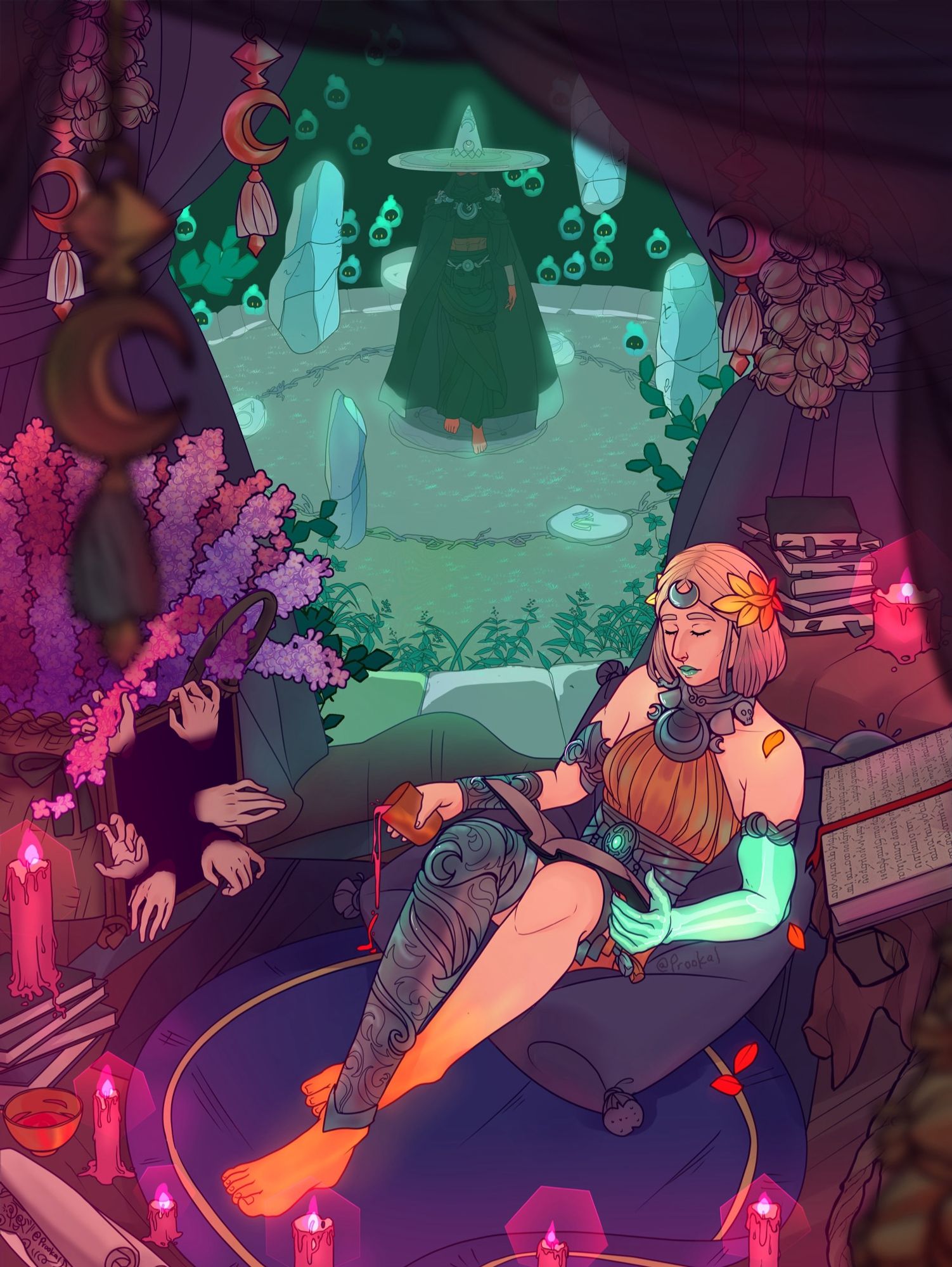 Illustration of melinoe from hades 2 falling asleep while studying