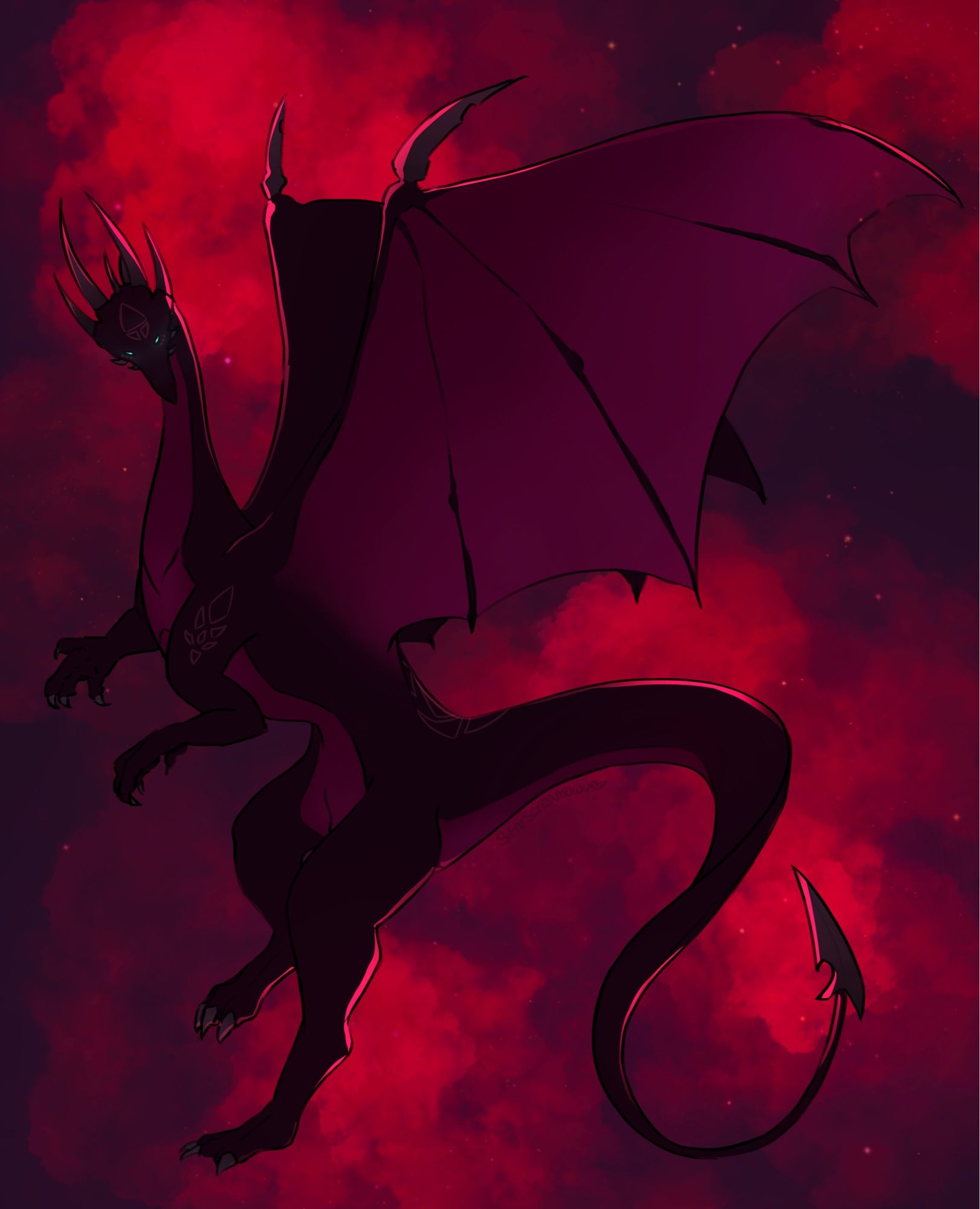 Cynder, the black dragon from The Legend of Spyro series, spreading her wings against a scarlet night. She is cast in shadow, but you can clearly see her glowing, cyan eyes.