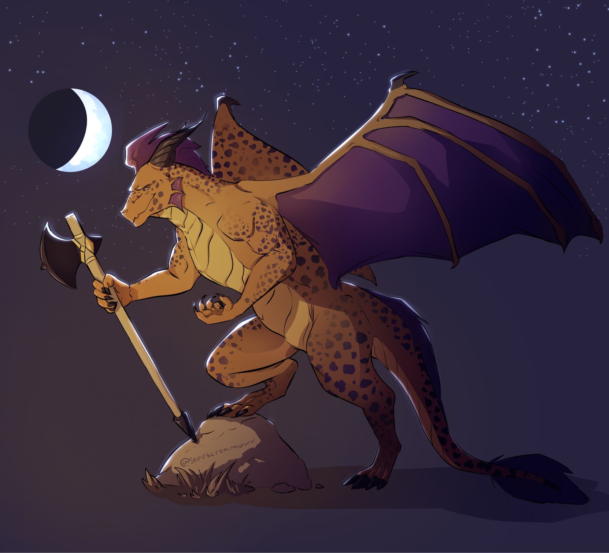 A dark yellow, bipedal dragon with purple spots and wing membranes stands against a dark backdrop with leg propped on a tawny rock. A waning moon casts white rim light on him. He has a purple “mane” between two black horns that is also present along the spine of his tail, ending in a pronounced tuft. He holds a standard battle axe that is rested against the rock.