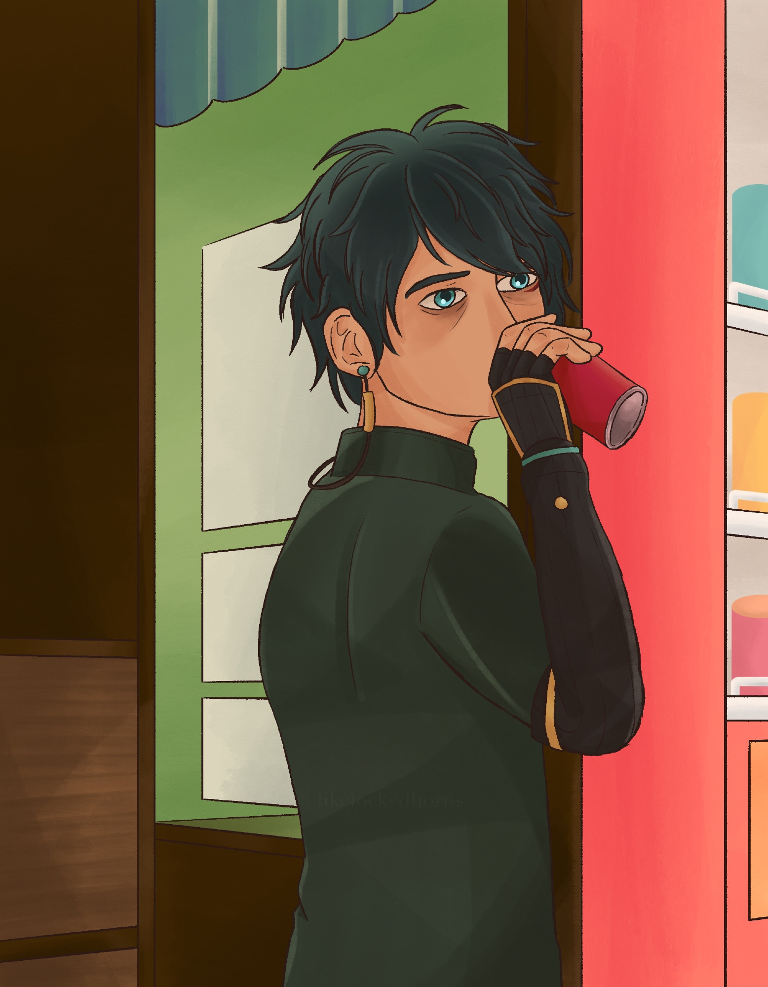 Dan Heng from Honkai Star Rail in a dark green shirt, drinking from a can outside a shop