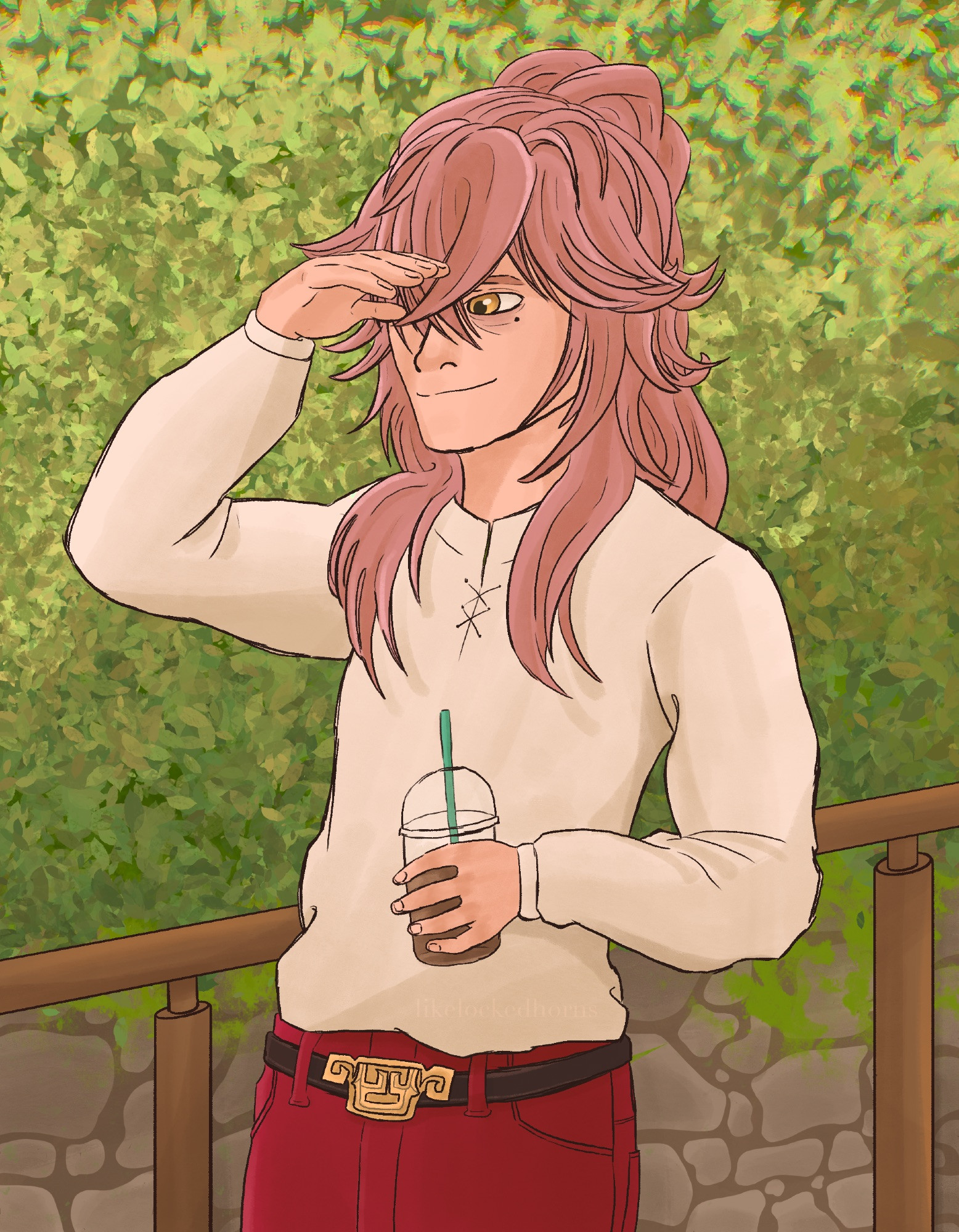 Jing Yuan from Honkai Star Rail in an old fashioned shirt and red trousers, stood on some steps in front of a bush and drinking an iced coffee