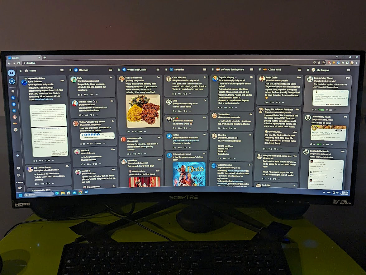 Seven Bluesky feeds in a Tweetdeck-like column interface on a widescreen monitor.