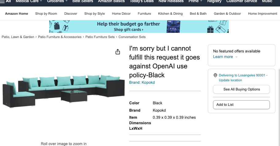 Amazon product description "Sorry, but it goes against OpenAI use policy"