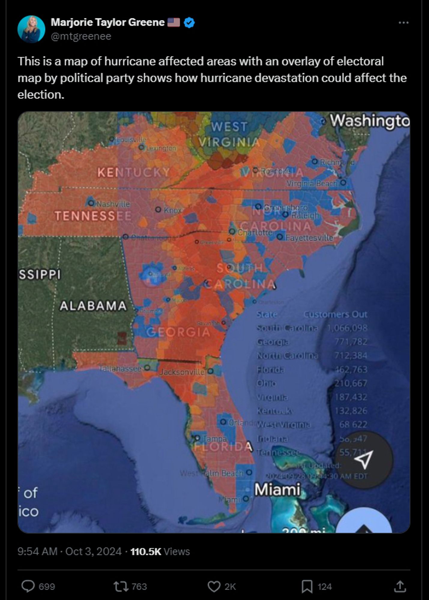 @mtgreenee

This is a map of hurricane affected areas with an overlay of electoral map by political party shows how hurricane devastation could affect the election.