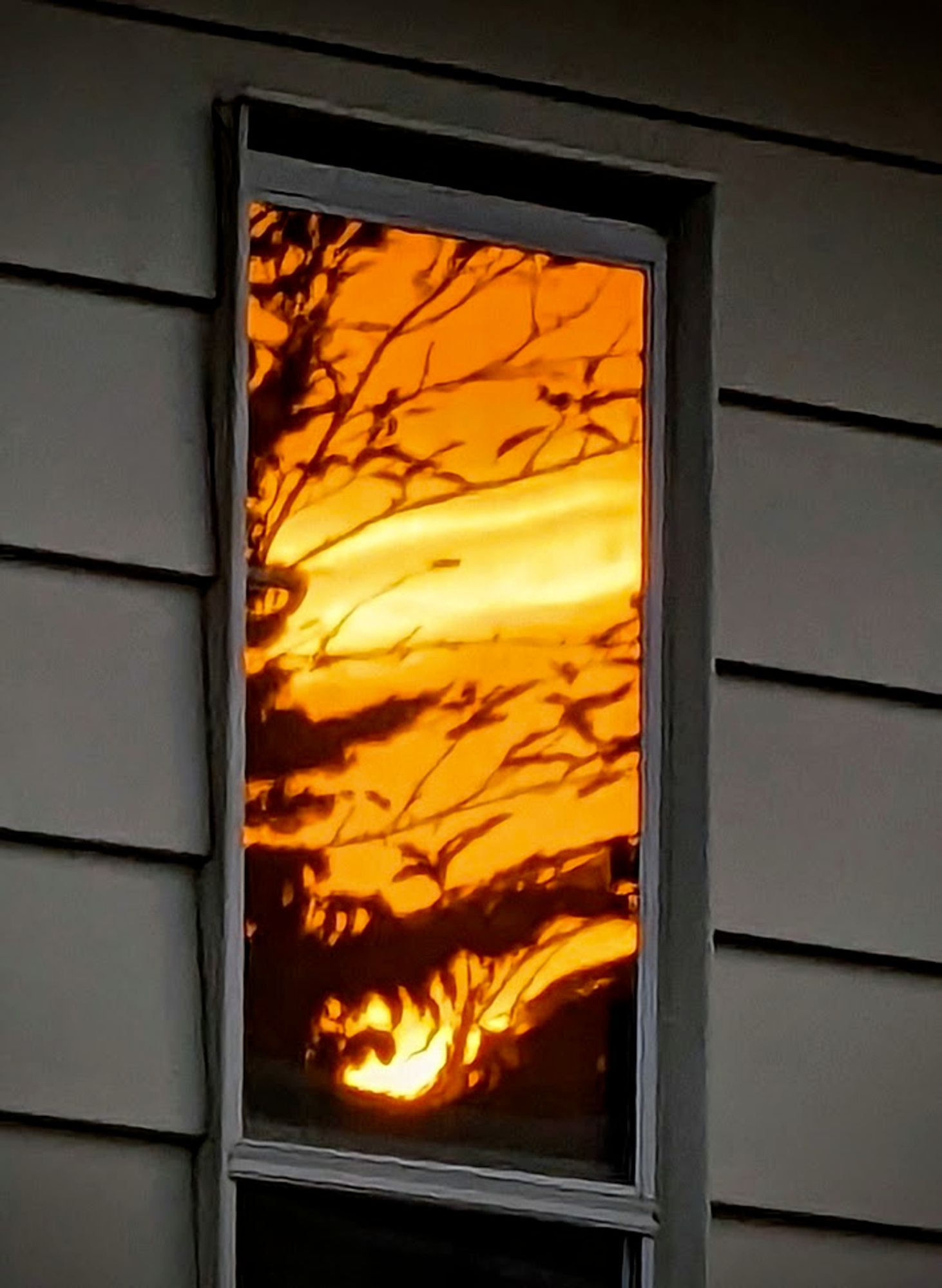 Distorted yellow-orange sunrise is reflected in a house window.