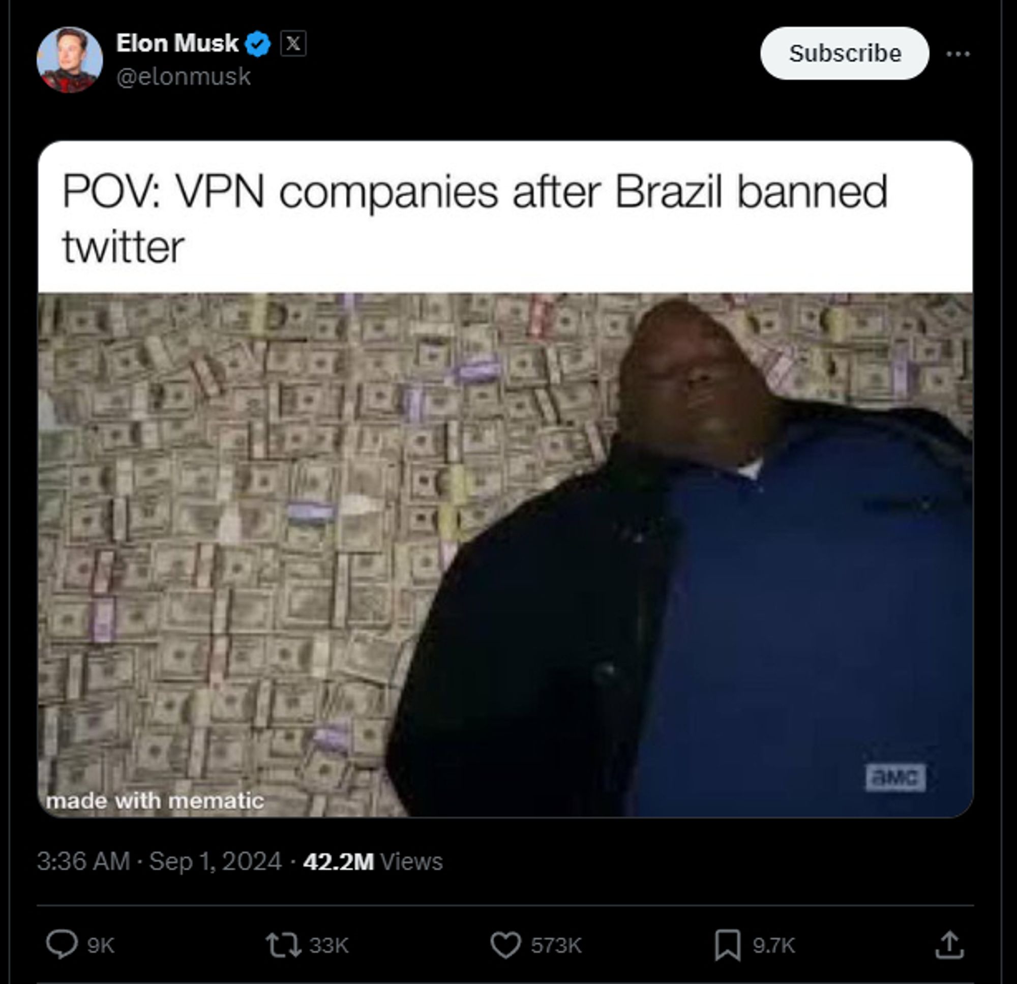 Dude lying on a stacks of dollars. Text: POV: VPN companies after Brazil banned twitter