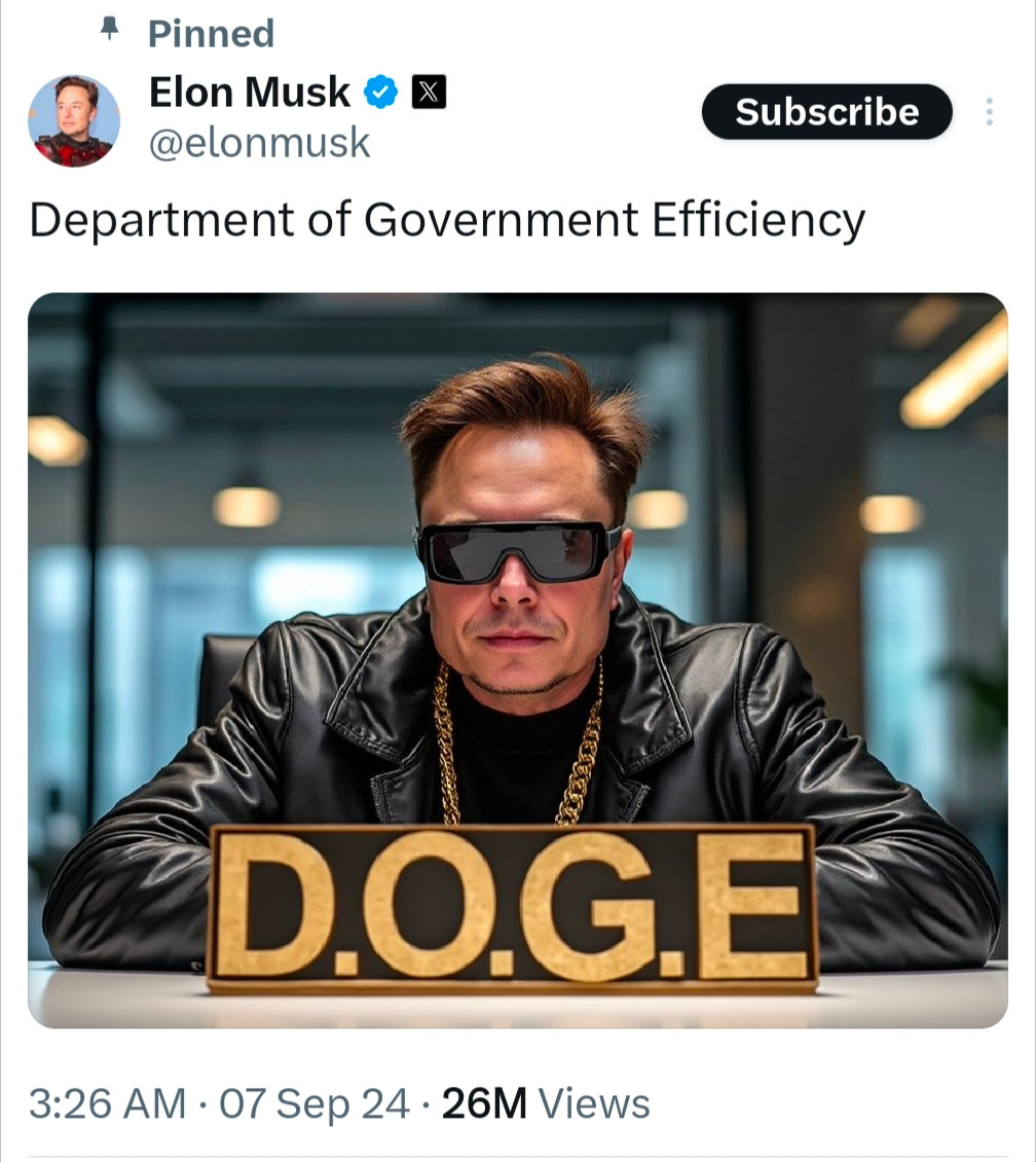 Musk posted an AI-generated image of himself in a leather jacket, dark shades, wearing gold chain. With DOGE nameplate on the table. Tweet says "Department of Government Efficiency"