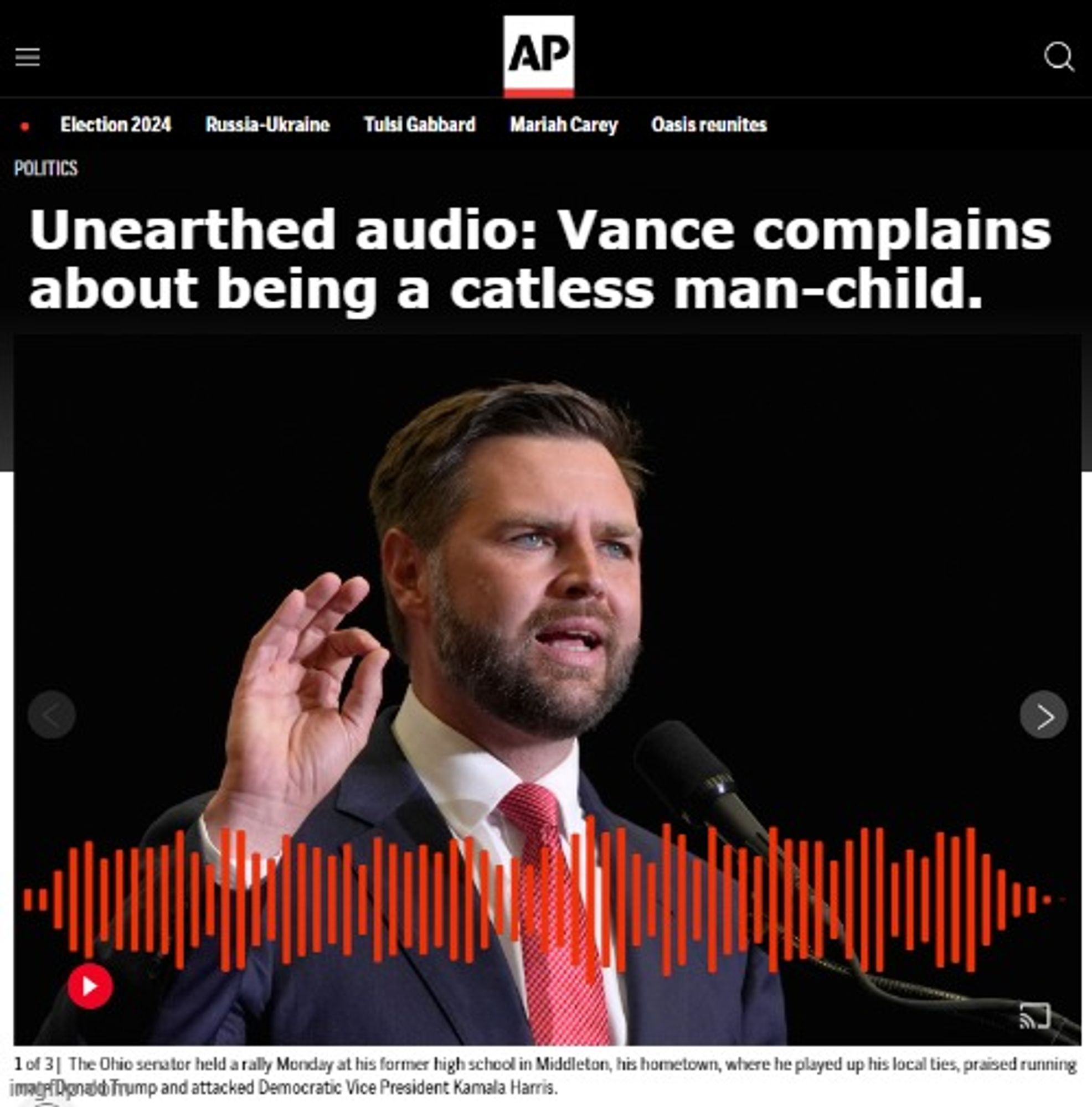 Meme: AP: Unearthed audio: Vance complains about being a catless man-child.