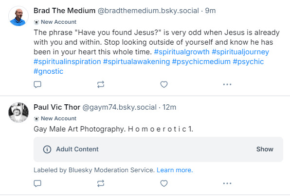 A screenshot of two posts on Bluesky:

1. The first post is from "Brad The Medium," stating:  
   "The phrase 'Have you found Jesus?' is very odd when Jesus is already with you and within. Stop looking outside of yourself and know he has been in your heart this whole time."  
   Several hashtags follow: #spiritualgrowth, #spiritualjourney, #spiritualinspiration, #spiritualawakening, #psychicmedium, #gnostic.

2. The second post is from "Paul Vic Thor," saying:  
   "Gay Male Art Photography. H o m o e r o t i c 1."  
   This post has an "Adult Content" warning and a "Show" button, with a label noting that it has been moderated by Bluesky Moderation Service.