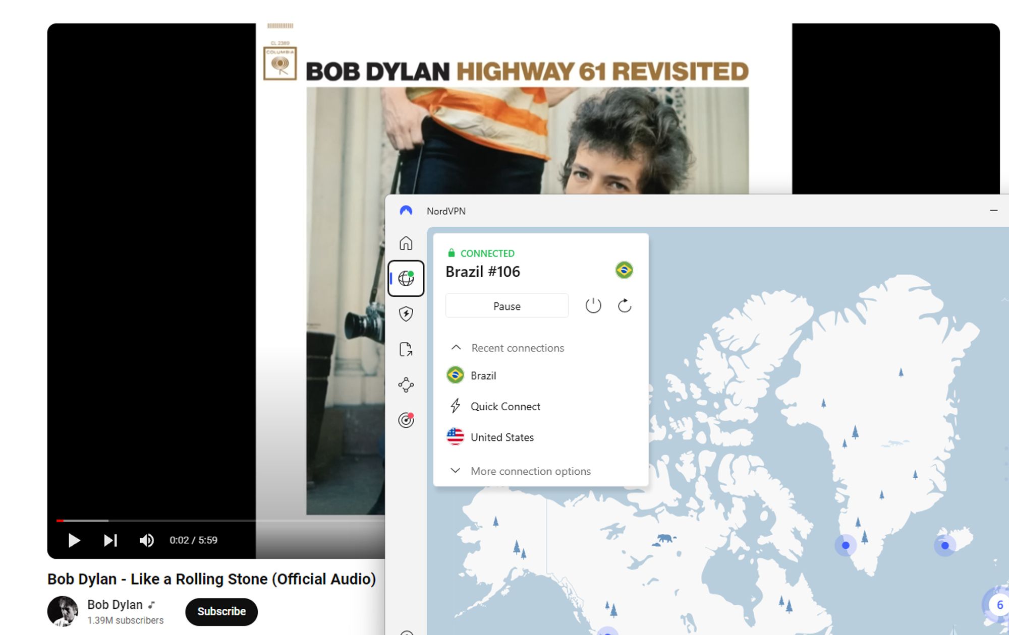 NordVPN is connected to a Brazil server, allowing YouTube blocked content