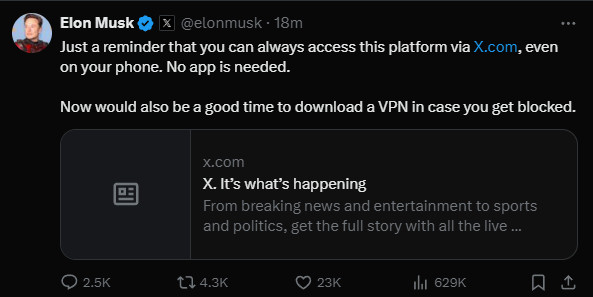 Just a reminder that you can always access this platform via http://X.com, even on your phone. No app is needed. 

Now would also be a good time to download a VPN in case you get blocked.