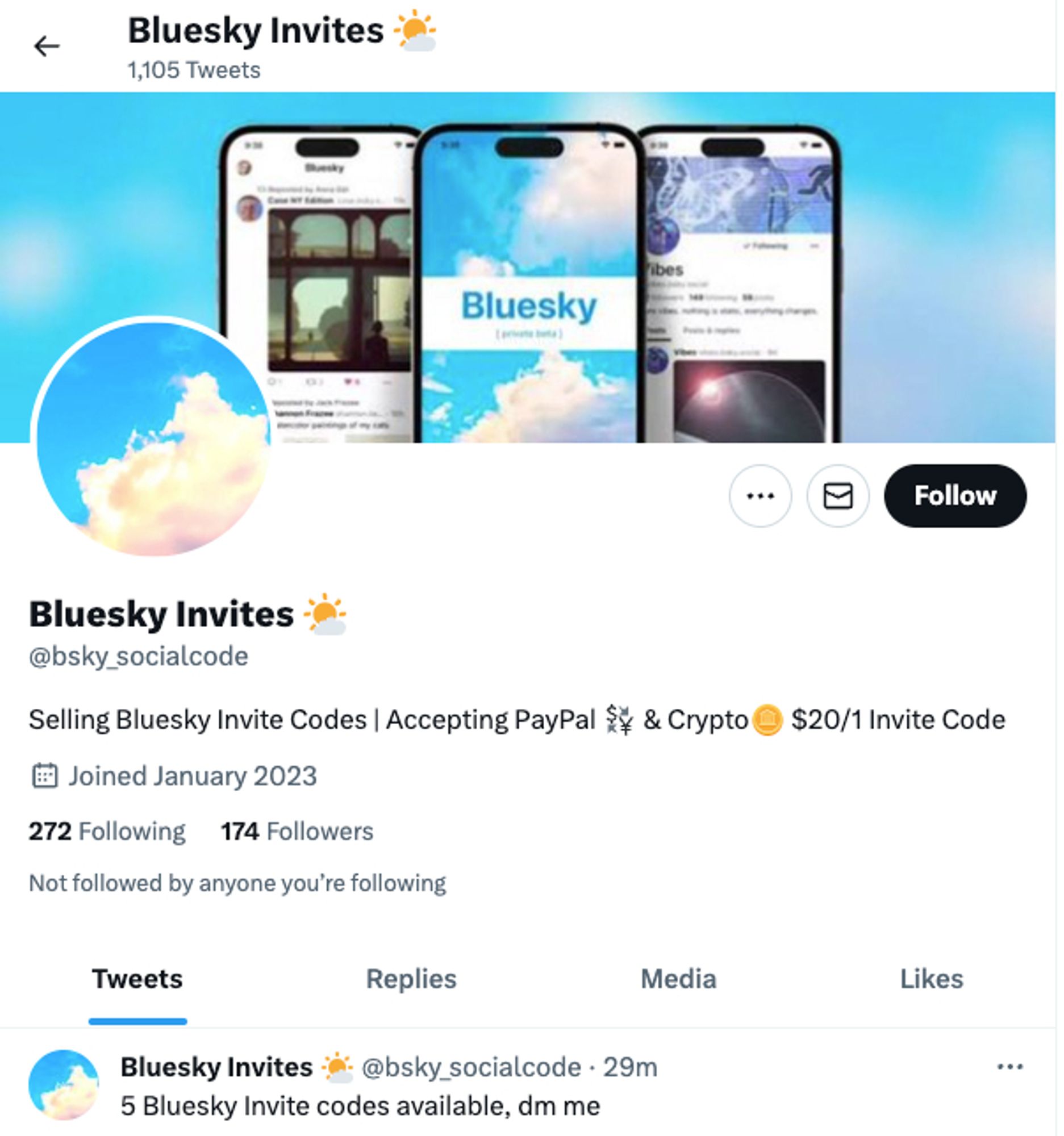 Twitter account that sells Bluesky invites