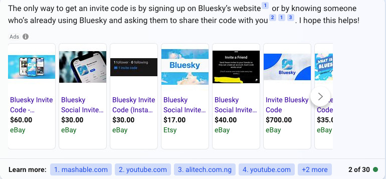 Ads to buy Bluesky codes on EBay