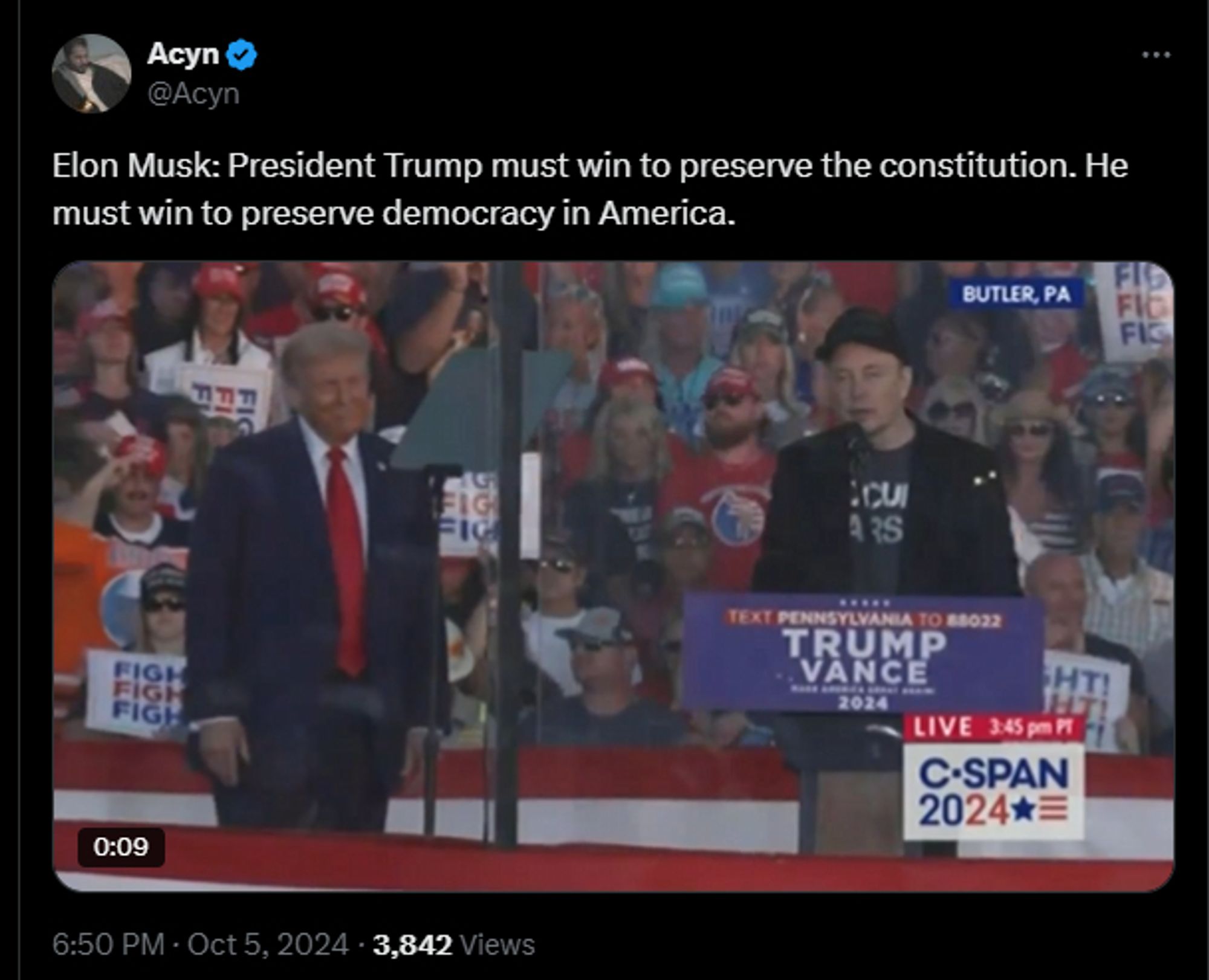 Screenshot of a video from @Acyn showing Musk saying:

"President Trump must win to preserve the constitution. He must win to preserve democracy in America."