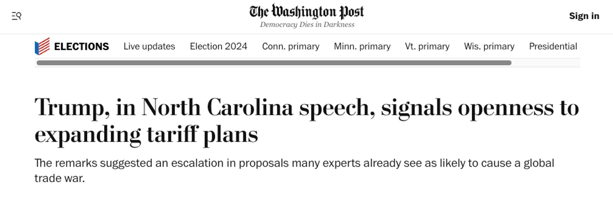 Trump, in North Carolina speech, signals openness to expanding tariff plans

The remarks suggested an escalation in proposals many experts already see as likely to cause a global trade war.