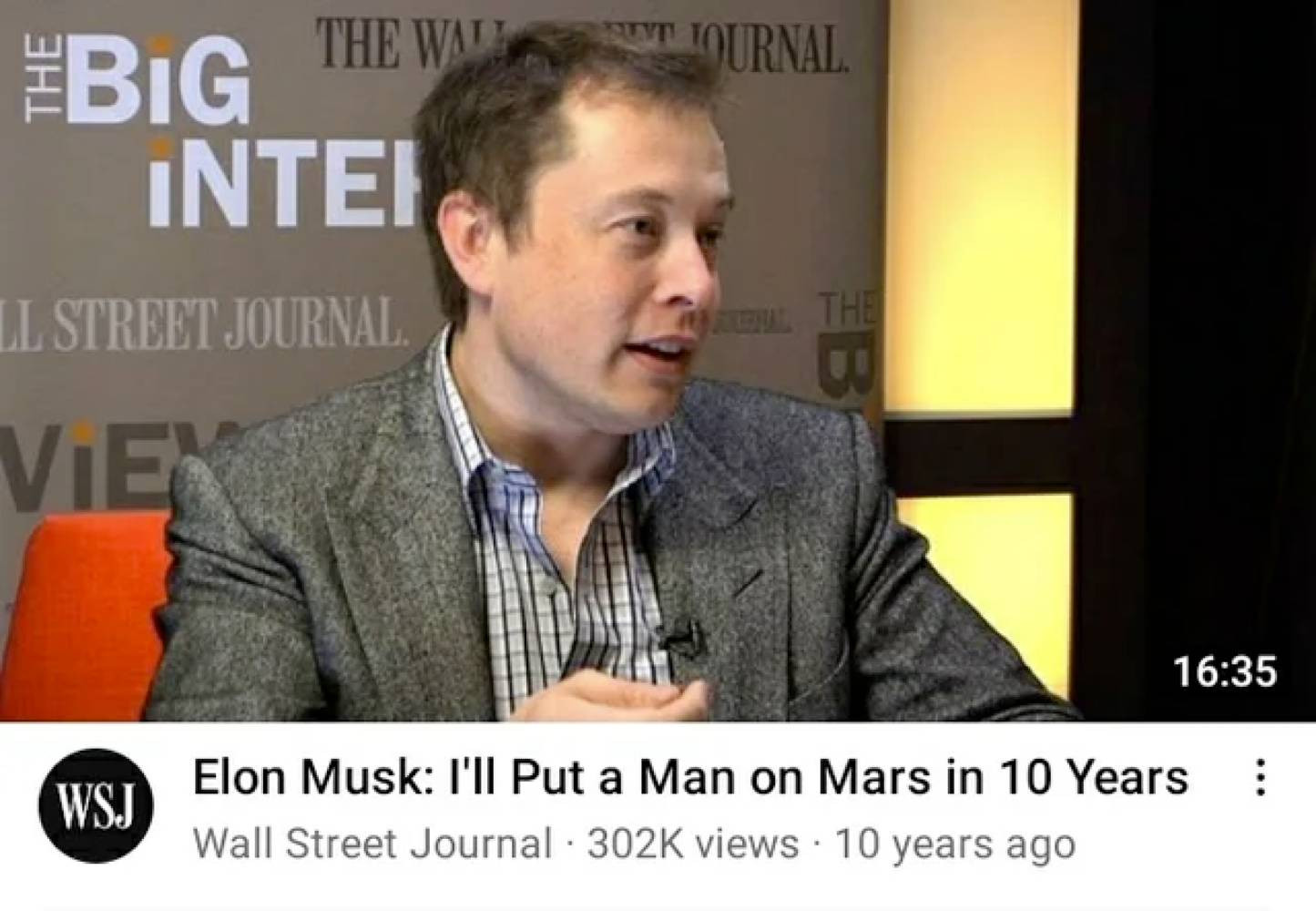 Screenshot from a video of Musk interview titled "Elon Musk: I'll Put a Man on Mars in 10 years". Video dated "10 years ago".