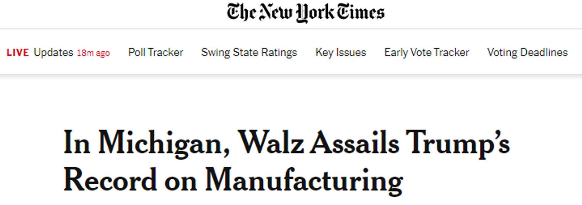 NYT: In Michigan, Walz Assails Trump’s Record on Manufacturing