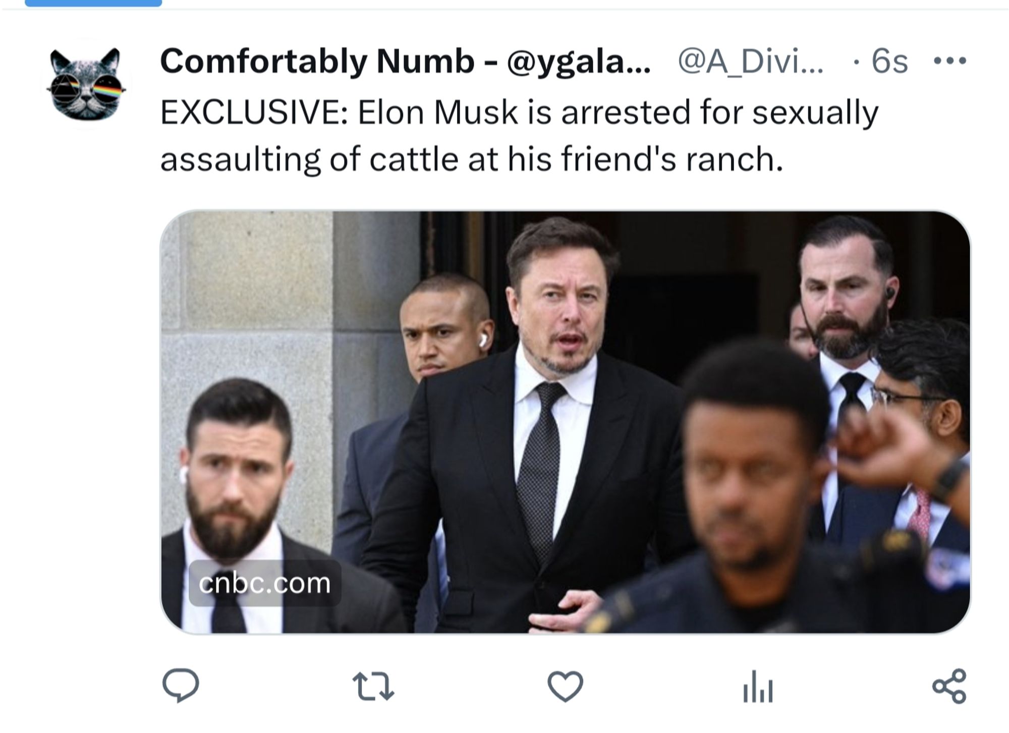 Photo of Musk in a business suit, surrounded by seriously looking people. Headline: EXCLUSIVE Elon Musk is arrested for sexually assaulting of cattle at his friend's ranch. Link to cnbc.com