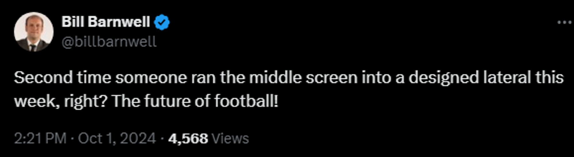 Bill Barnwell
@billbarnwell
Second time someone ran the middle screen into a designed lateral this week, right? The future of football!