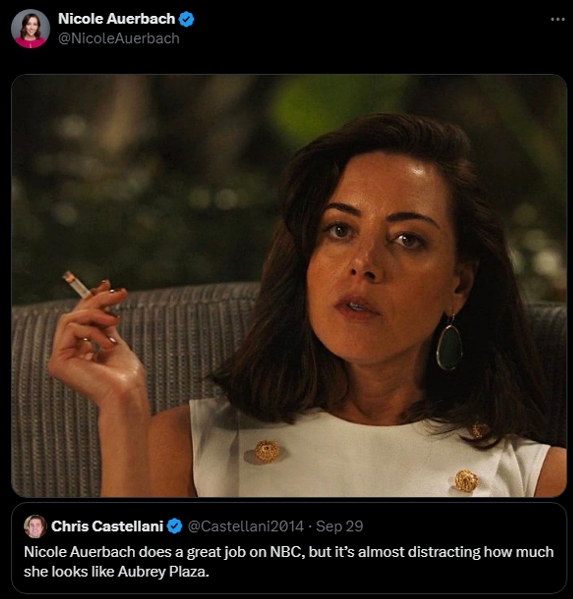 Chris Castellani
@Castellani2014
·
Sep 29
Nicole Auerbach does a great job on NBC, but it’s almost distracting how much she looks like Aubrey Plaza.