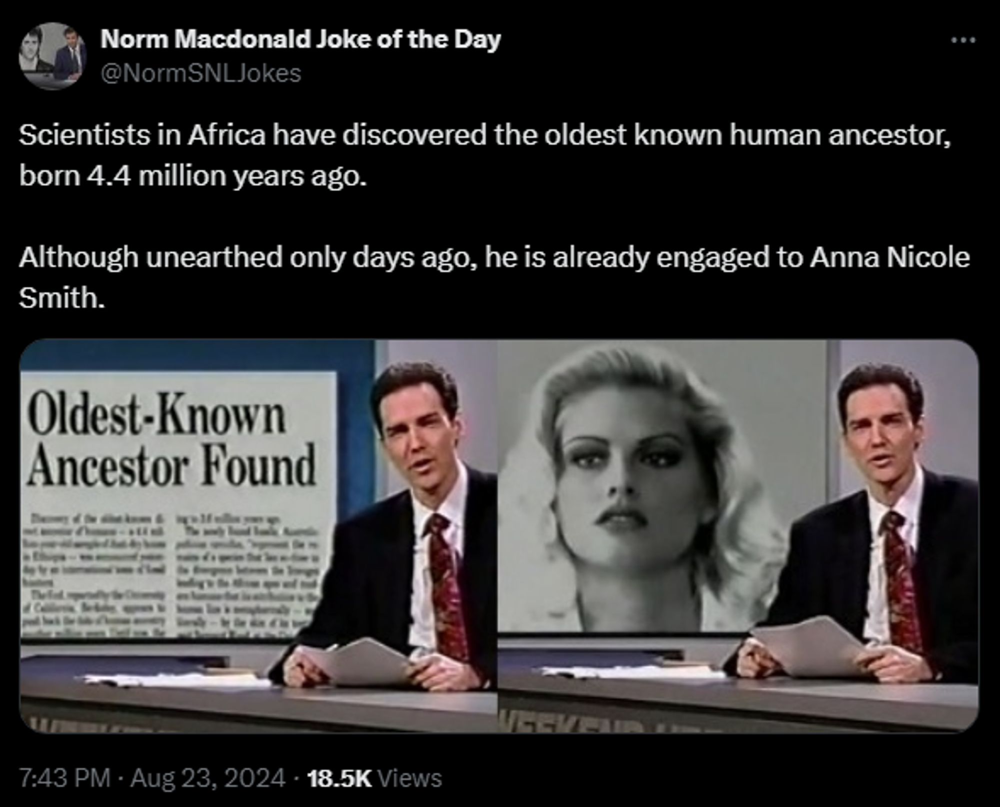 Norm Macdonald Joke of the Day @NormSNLJokes

Scientists in Africa have discovered the oldest known human ancestor, born 4.4 million years ago. 

Although unearthed only days ago, he is already engaged to Anna Nicole Smith.