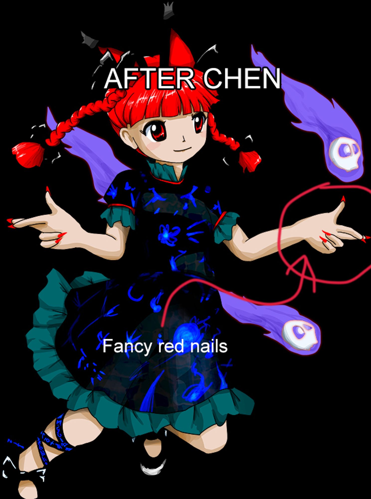 Art of Orins latest appearance in Touhou 19, showing Orin having long red nails, similar to Chen