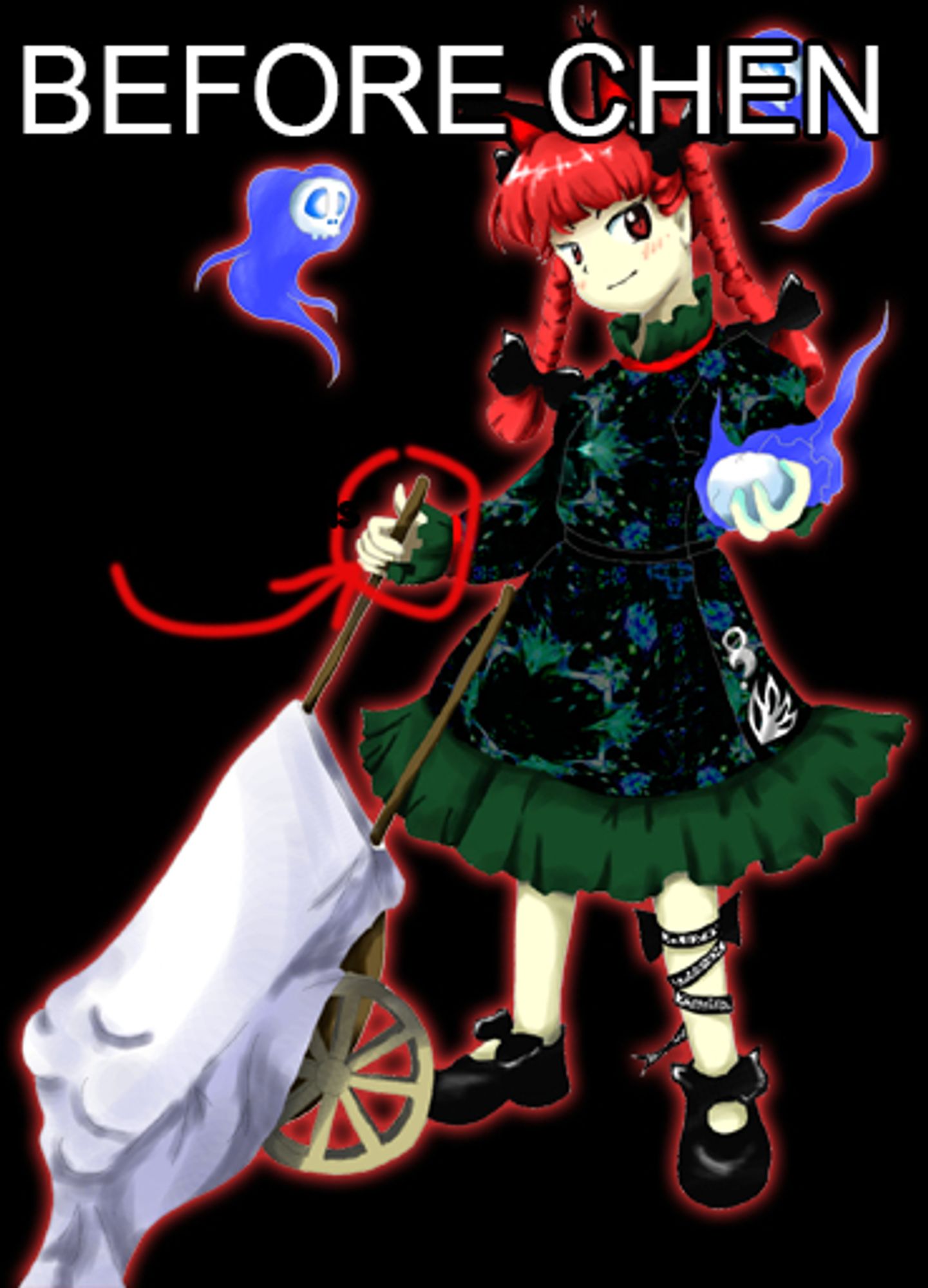 An image of Orin from Touhou 11 (her first appearance), with her hand highlighted showcasing a lack of nail polish