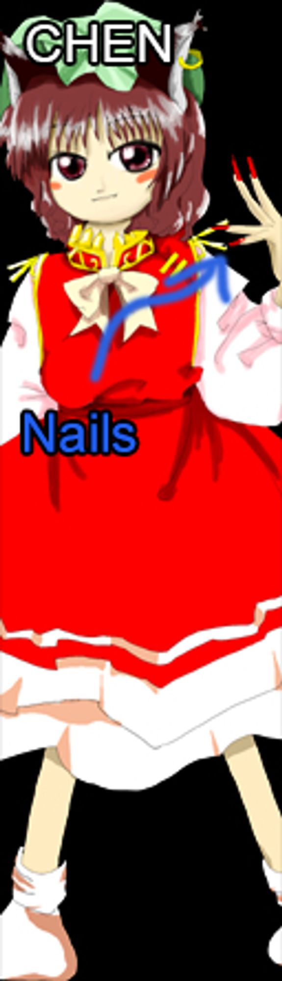 Chens first appearance in Touhou 7 with her hands highlighted, showing her long nails with red nail polish