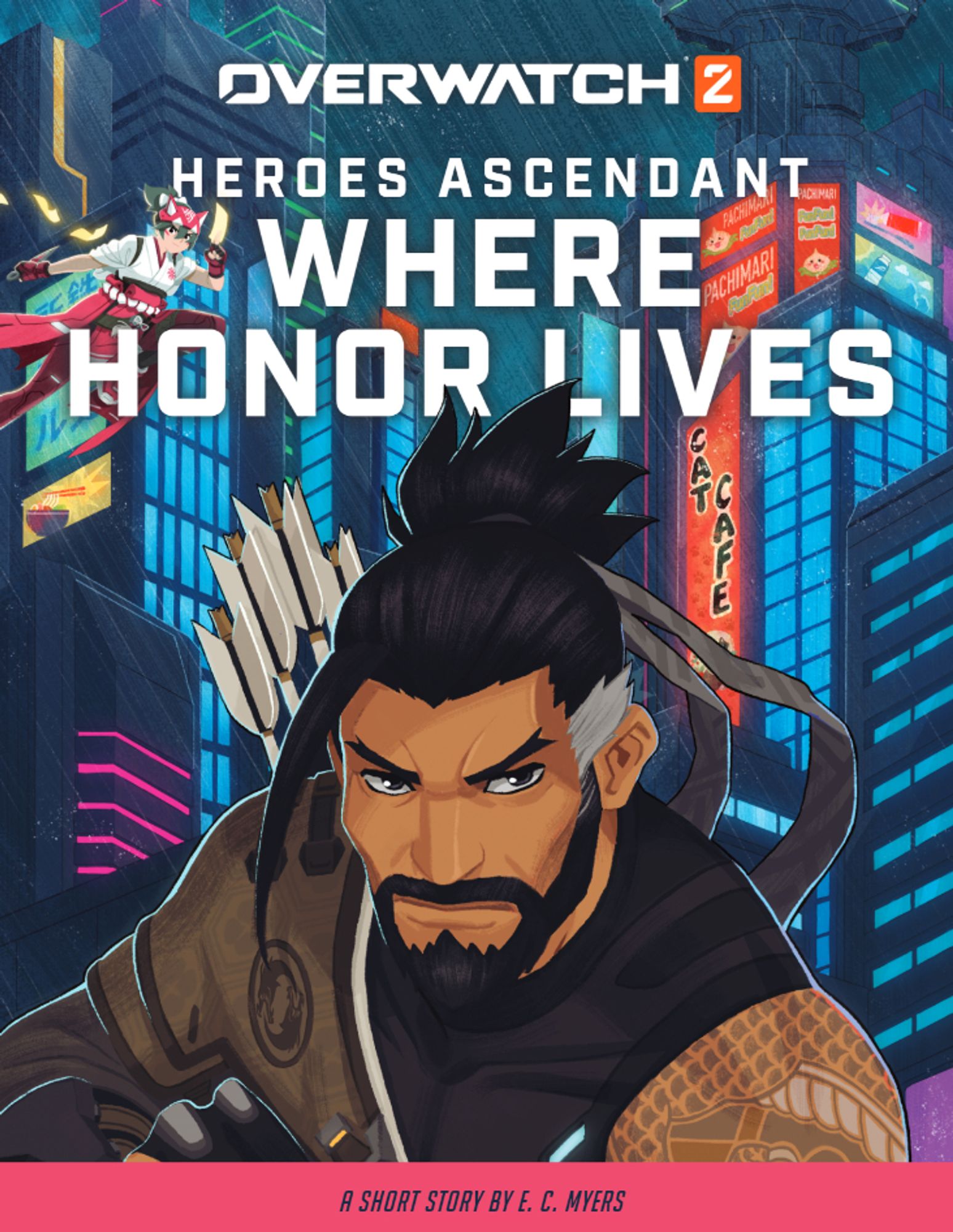 Graphic showing closeup of Hanzo Shimada with Kiriko dropping in from the top left, a city skyline behind them
TEXT: Overwatch 2 Heroes Ascendant
Where Honor Lives