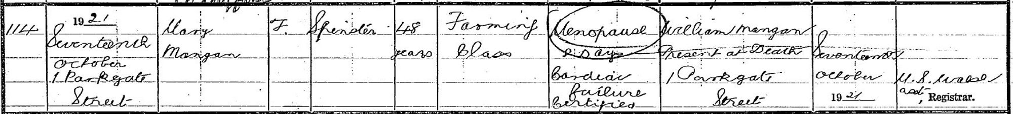 Irish civil death record that reads: 1921 Seventeenth October 1 Parkgate Street, Mary Mangan, F, Spinster, 48 years, farming class, cause of death: menopause (circled) 8 days, cardiac failure, certified, informant: William Mangan present at death 1 Parkgate Street, registered Seventeen October 1921. #genealogy