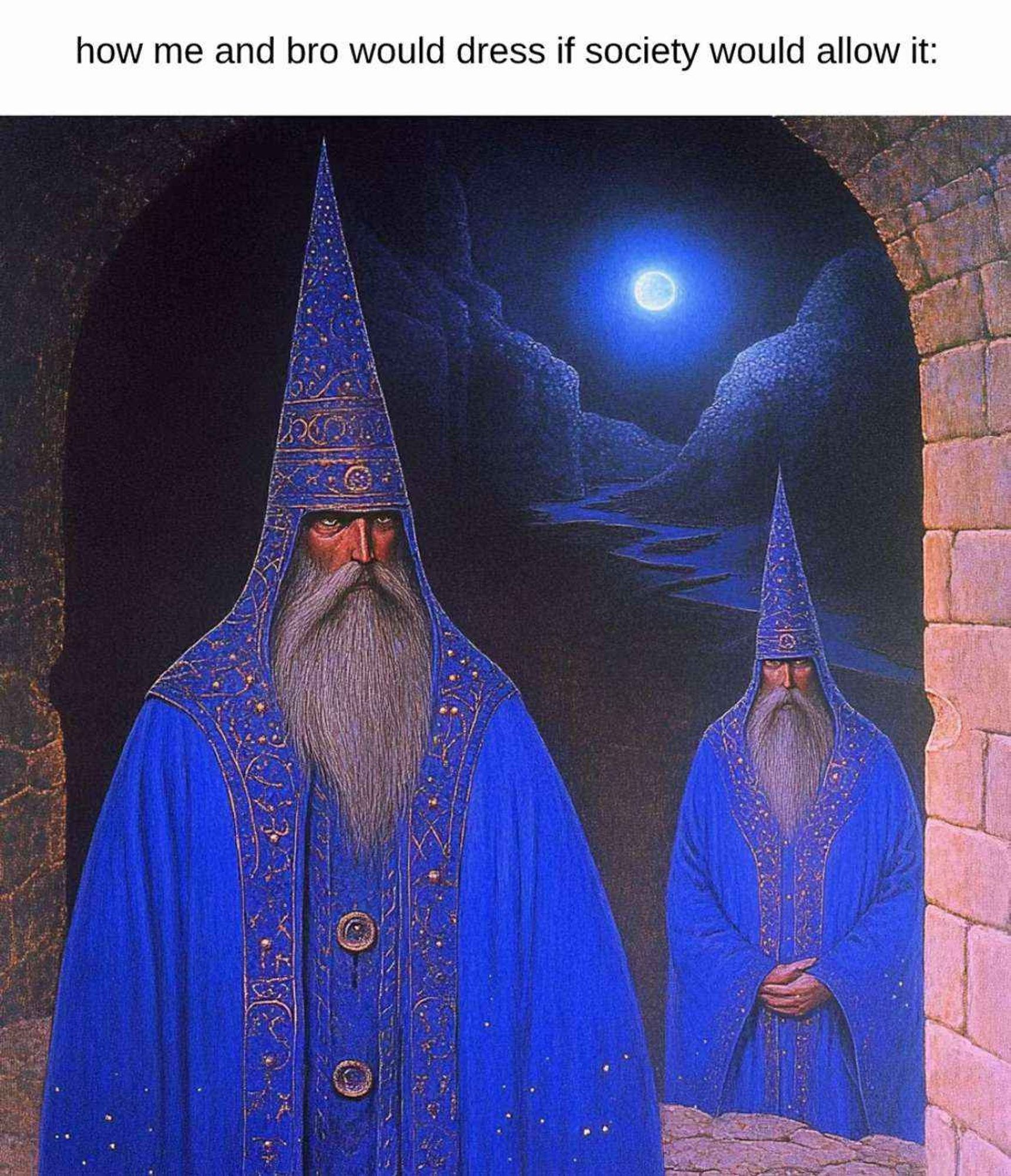 Image macro of two wizards, wearing blue robes with hoods that stands straight up in a conical shape, stands in a stone archway. Behind them is a night time canyon landscape with a full moon hanging in the sky. The text reads "how me and bro would dress if society would allow it:"