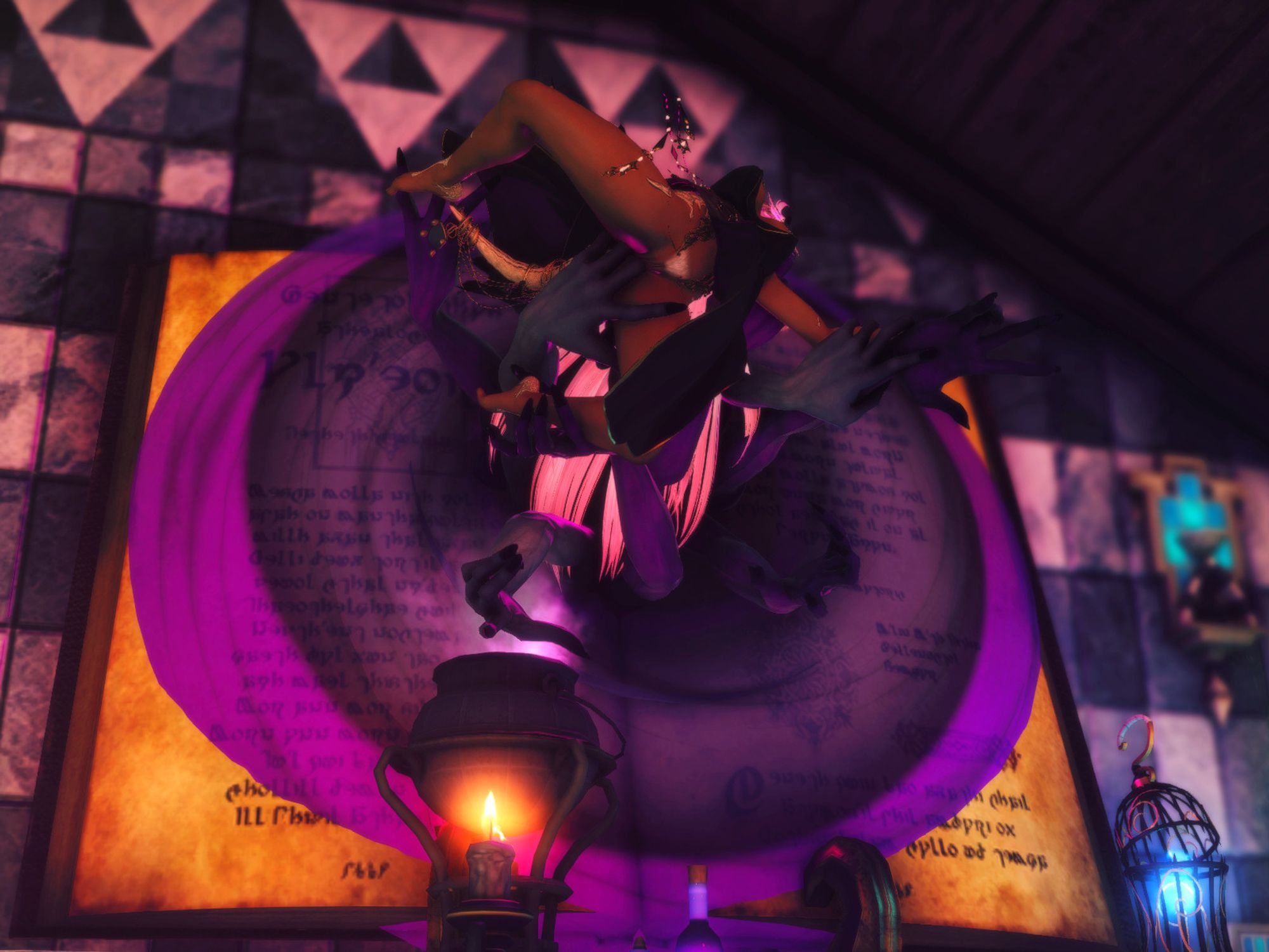 A second shot of the witch in a dimly lit room floating at an unnatural angle before a dark, misty portal with notes of black and purple rising from a great tome propped high on a stand. Dark, corrupted limbs grasp at the witch and penetrate her, as she wears an expression of enthralled focus. She is seen from below, the penetration from the phantom limbs clear.