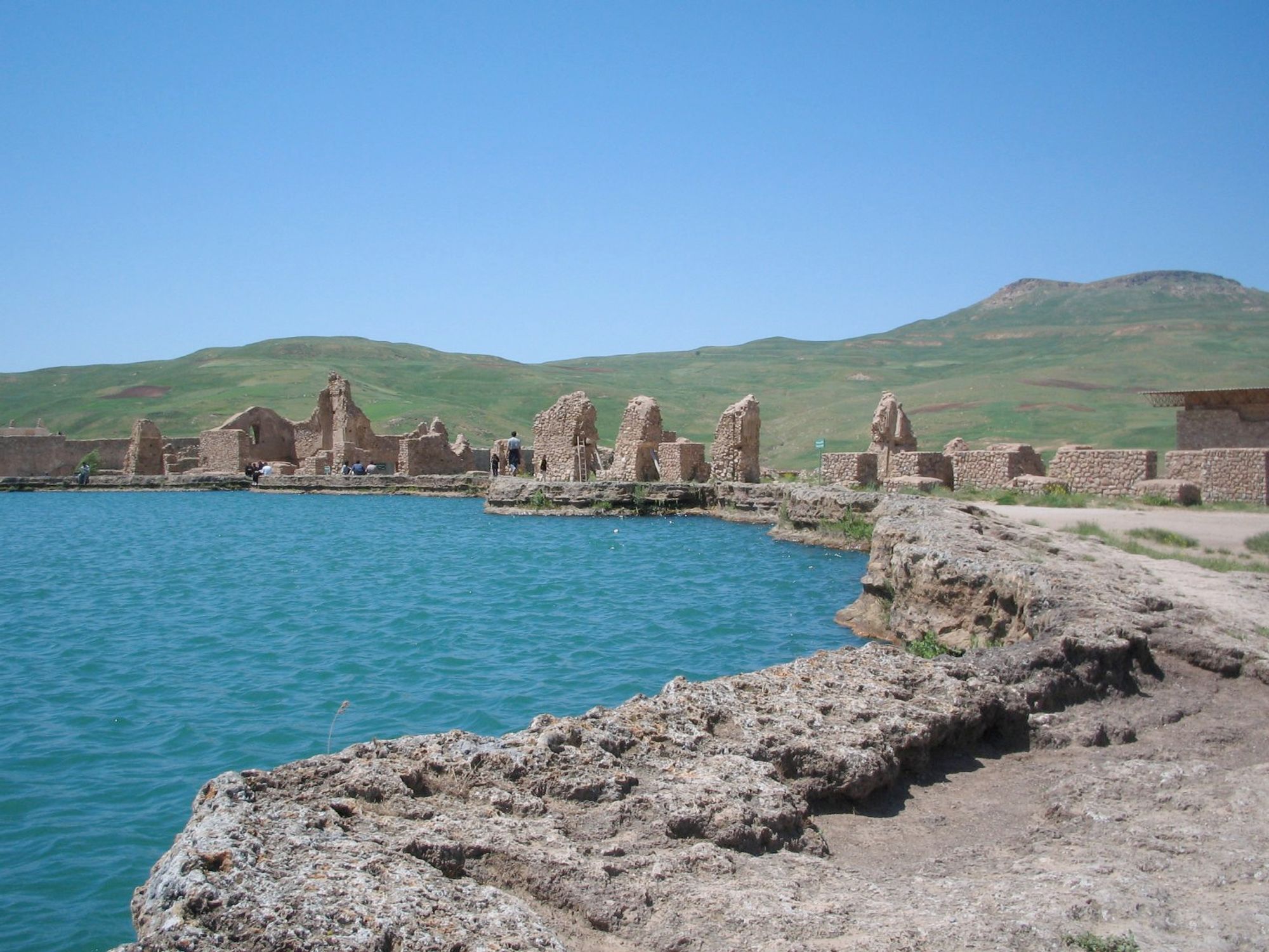 Takht-e Soleymān (Persian: تخت سلیمان, lit. 'Throne of Solomon') or Adur Gushnasp, is an archaeological site in West Azerbaijan, Iran dating back to Sasanian Empire. It lies midway between Urmia and Hamadan, very near the present-day town of Takab, and 400 km (250 mi) west of Tehran.