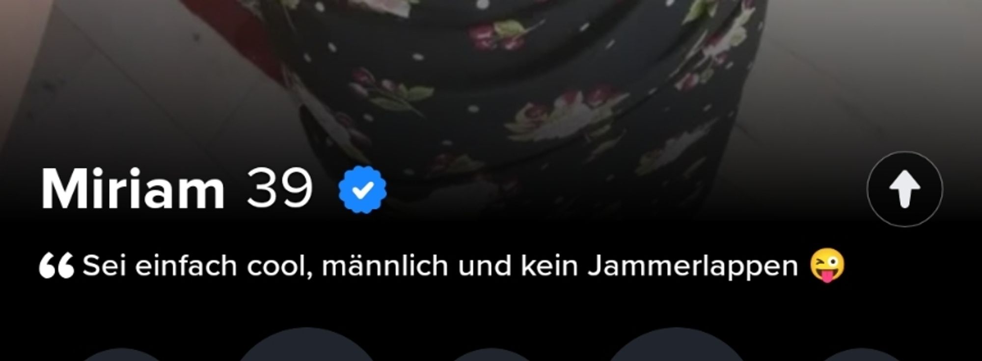 Screenshot einer Datingseite, weibliches Profil. Sie schreibt "sei einfach cool, männlich und kein Jammerlappen 😜"