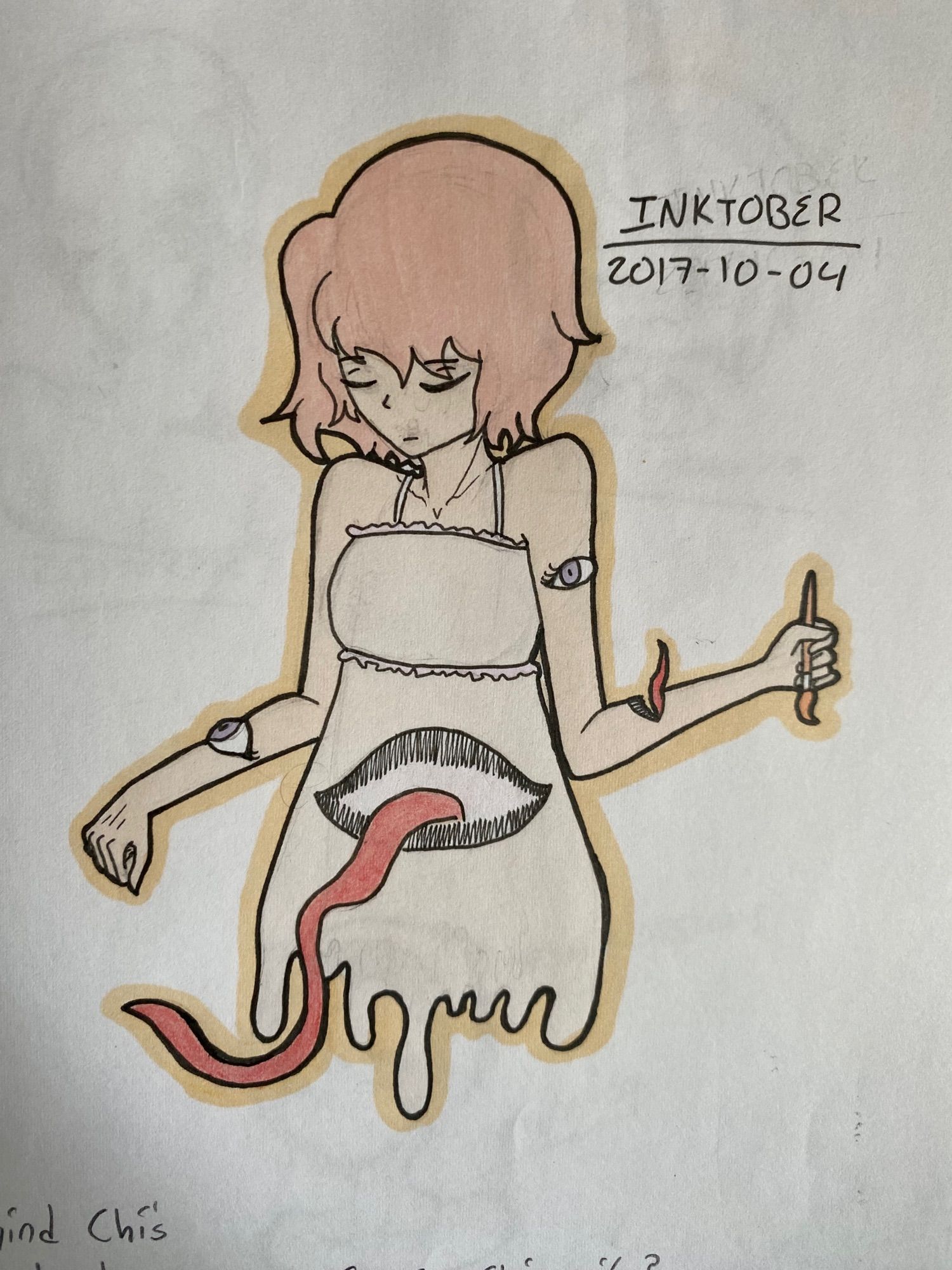 Drawing from October 2017 of a pink girl with eyes on her arms, a mouth on one of her arms and a large mouth on her stomach. Her eyes on her face are closed and she's holding a pencil.