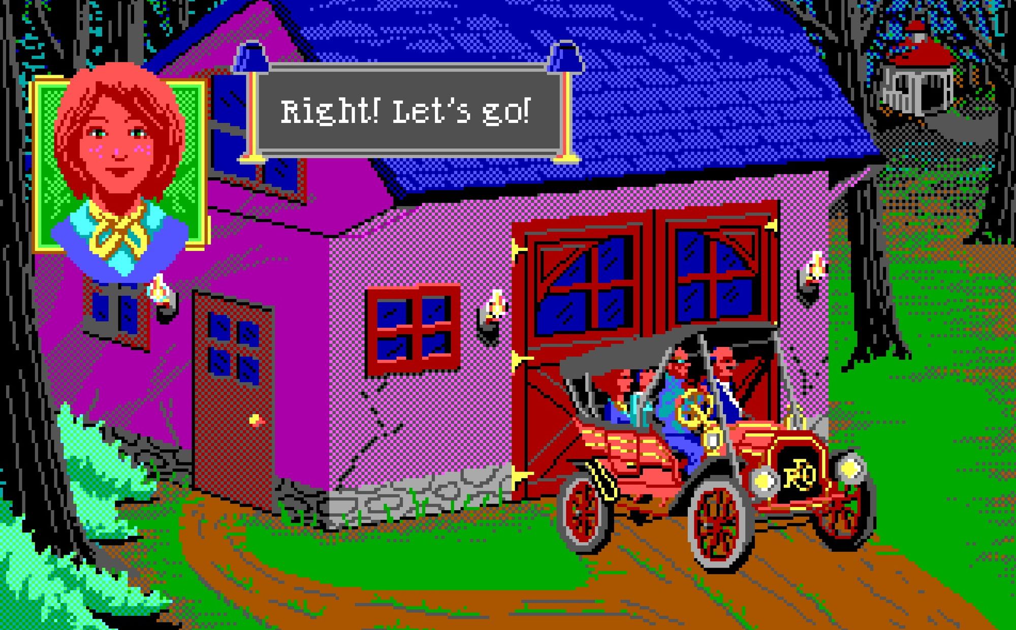 A screenshot of the Crimson Diamond.

A red head says "Right! Let's go!" as they sit in an early 20th century car in front of a carriage house.