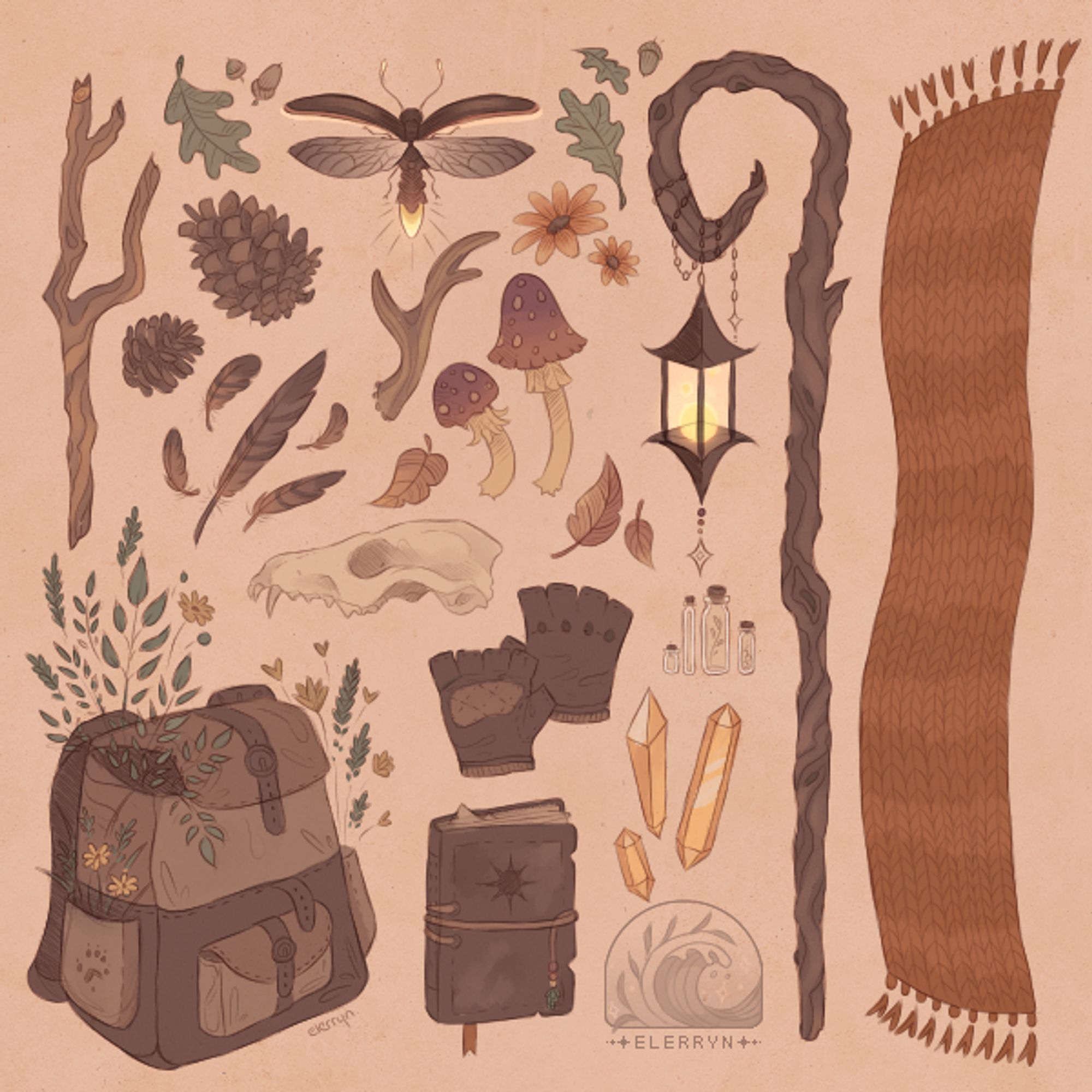 a collection of items coloured in a muted autumnal palette, arranged to fill a square. 

there is a twig, assorted leaves, pine cones, acorns, feathers, a fox skull, an antler, mushrooms, some small glass bottles, a pair of fingerless leather gloves, orange flowers and crystals, a rucksack filled with flowers and foliage, a worn-out journal, a wooden staff with a lantern hanging from it, and a knitted orange scarf.