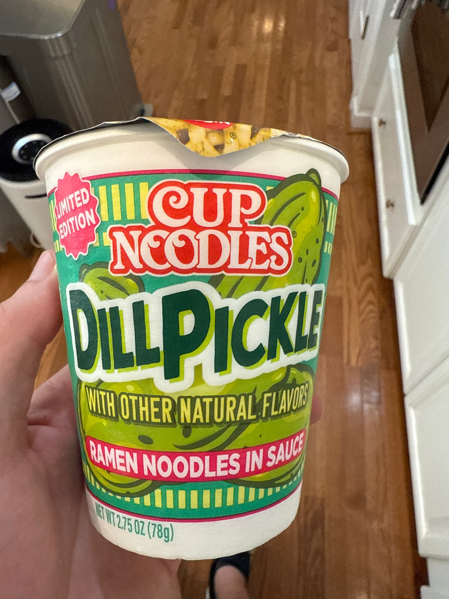 A dill pickle cup noodle