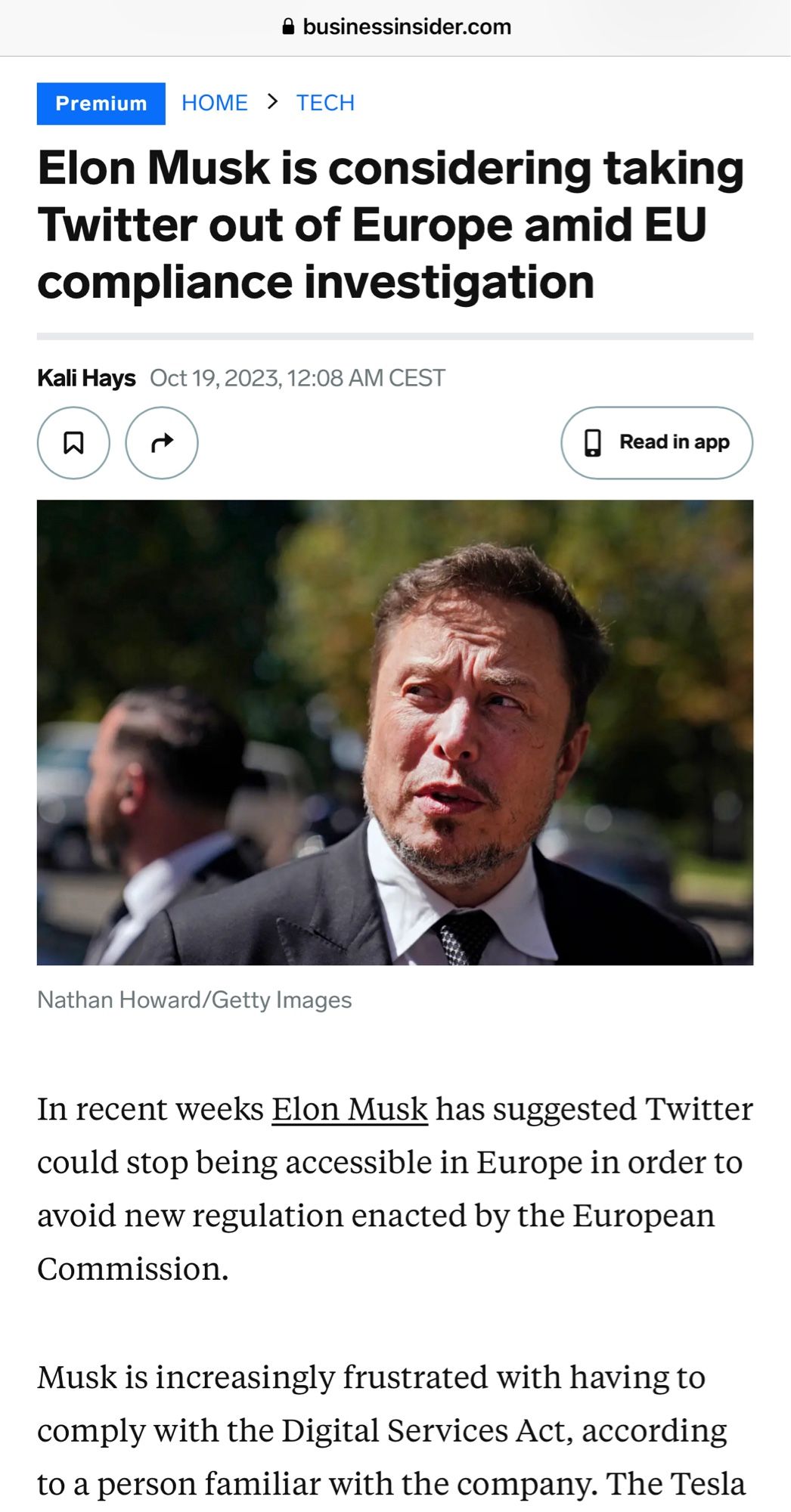 In recent weeks Elon Musk has suggested Twitter could stop being accessible in Europe in order to avoid new regulation enacted by the European Commission.
Musk is increasingly frustrated with having to comply with the Digital Services Act, according to a person familiar with the company. The Tesla