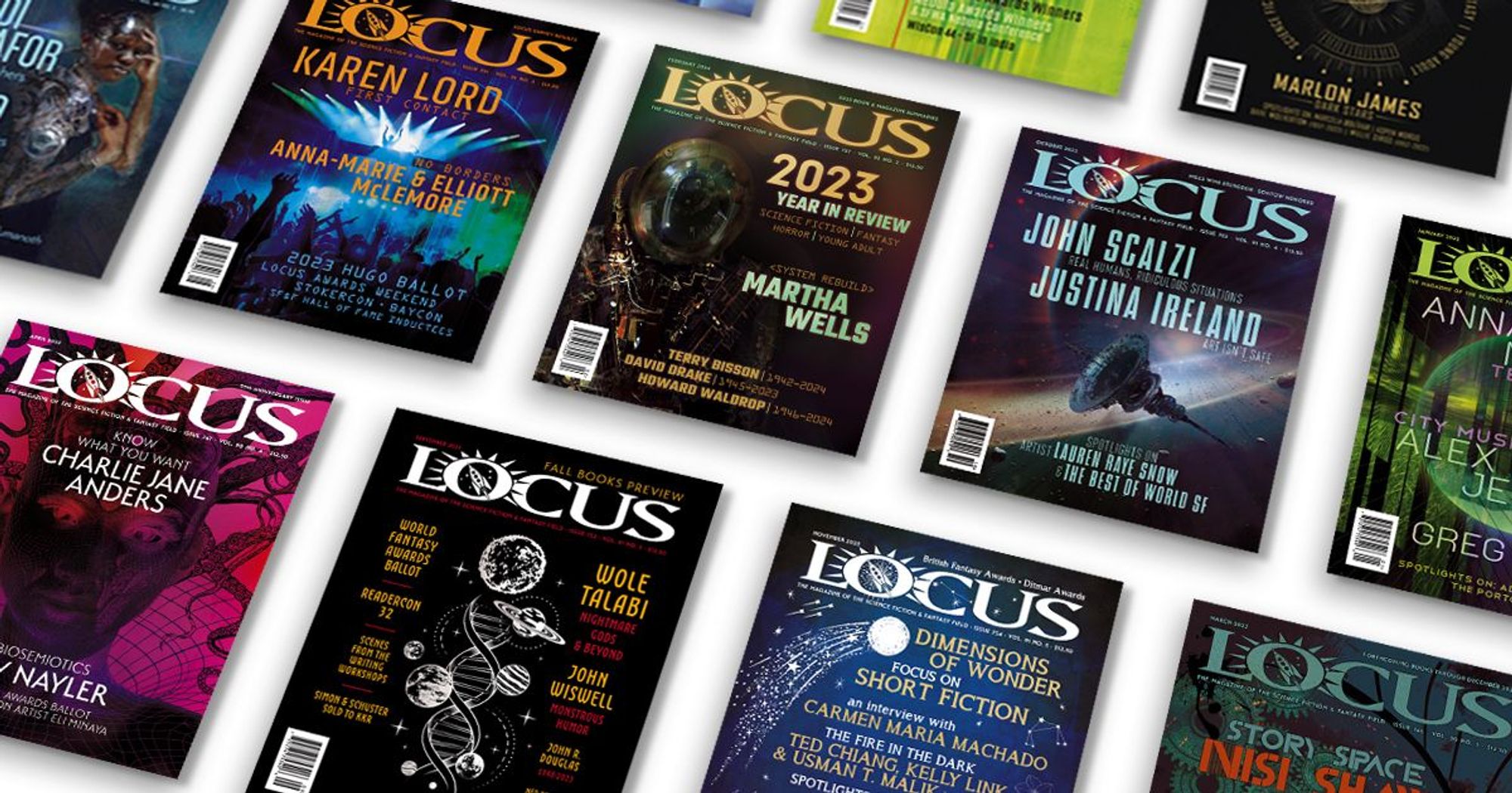 A spread of multiple Locus Magazines from 2023 on a white layout, 6 issues are in view