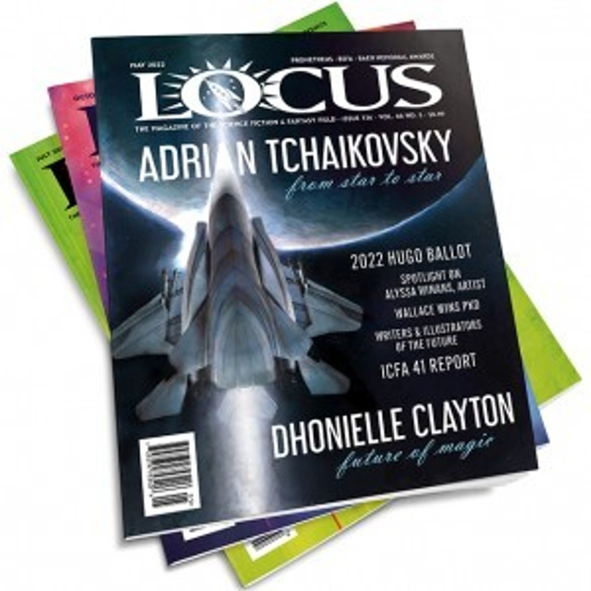 A stack of Locus magazines, the one on top says "Adrian Tchaikovsky- from star to star" subtitle says "2022 Hugo Ballot. Dhoniella Clayton- future of magic". Cover features a large gray rocketship heading through space towards a planet. 