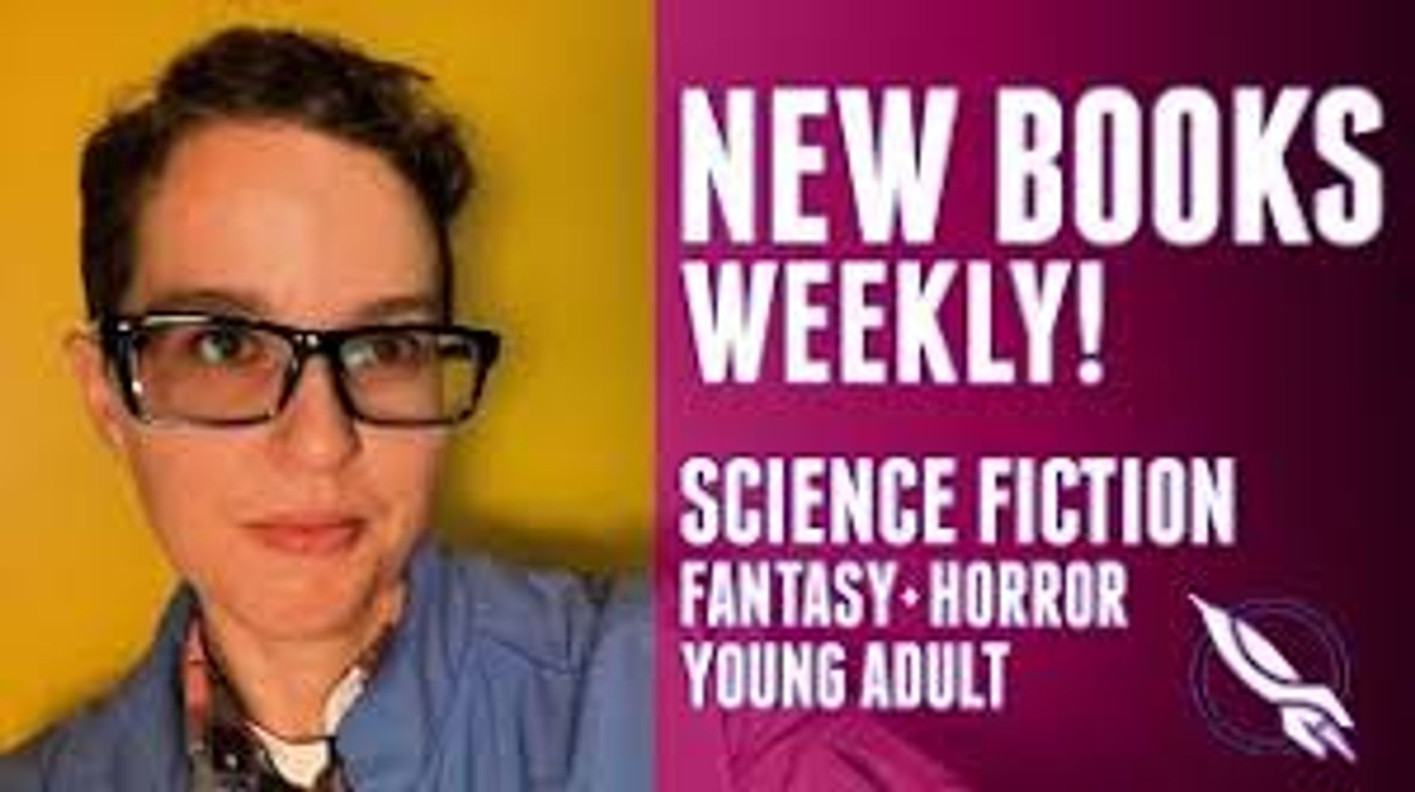 A thumbnail from the YouTube that features our video correspondent Amelia, and text that says 'New Books Weekly, science fiction, fantasy, horror, young adult'