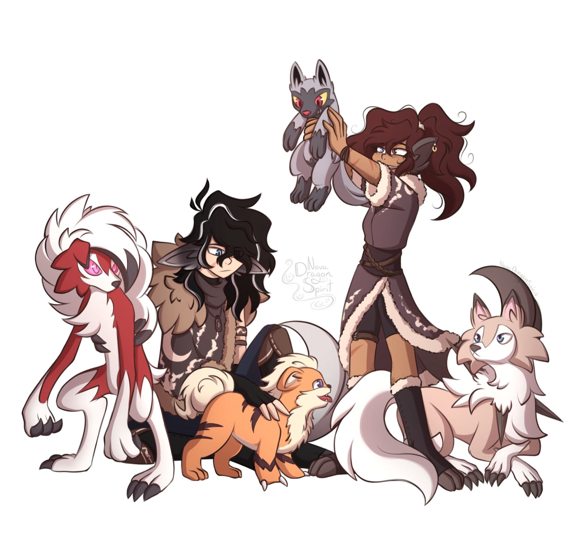 Kalon and Tala if they had Pokémon: Kalon with nightform Lycanroc and Growlithe and Tala with dayform Lycanroc and Poochyena