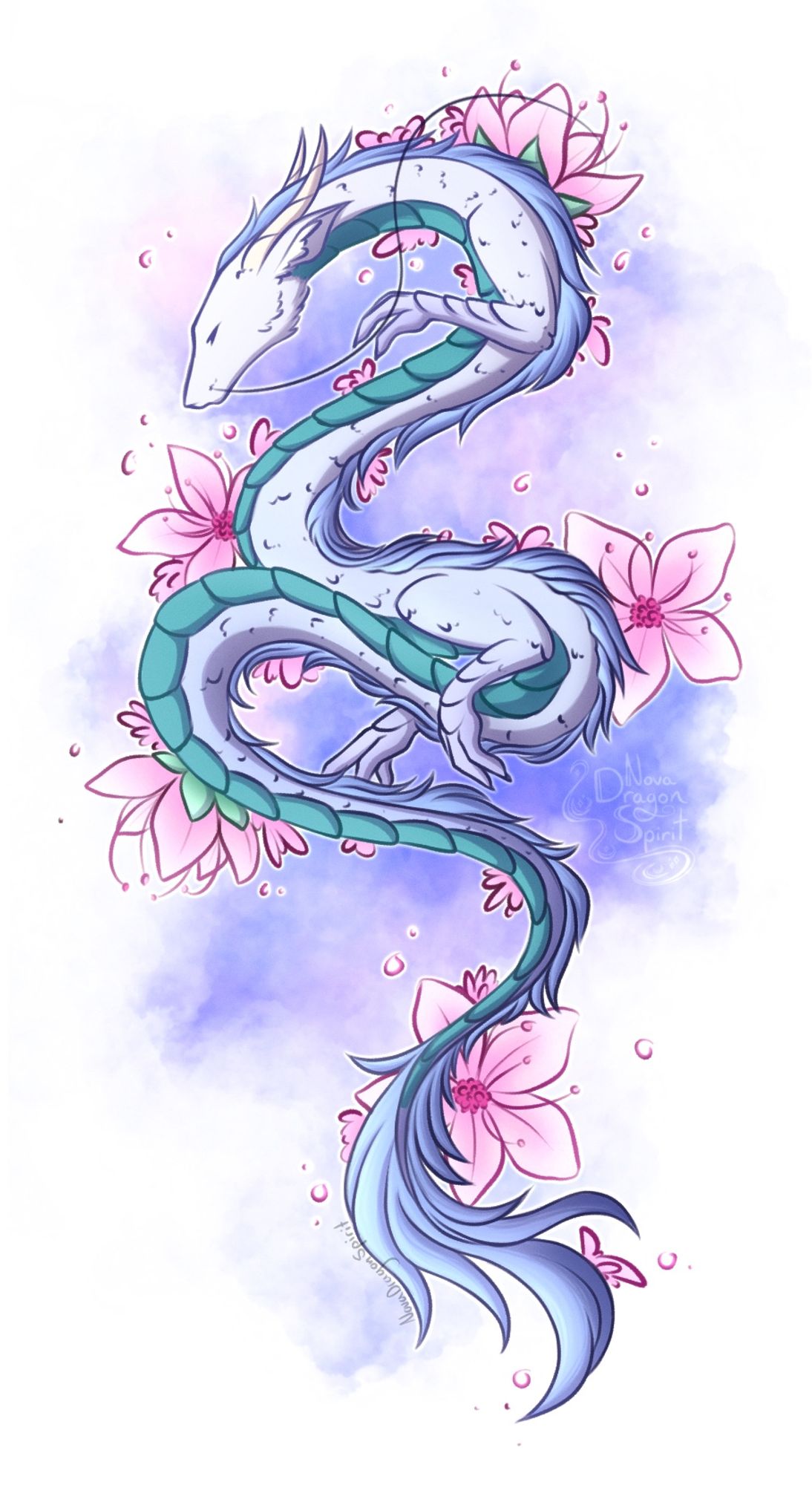 A Chinese dragon (that looks like Haku I know) with cherry blossom flowers on a watercolour background.