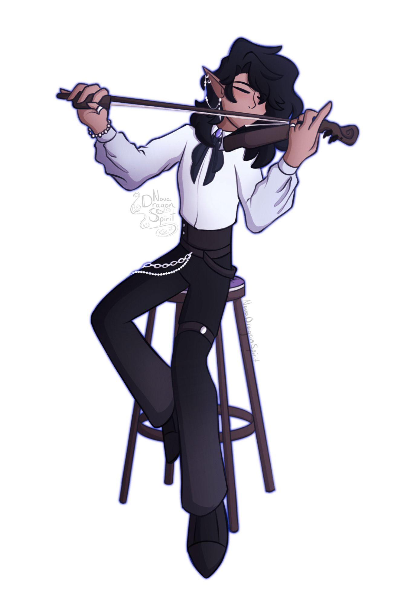 Leon playing the violin on a high stool